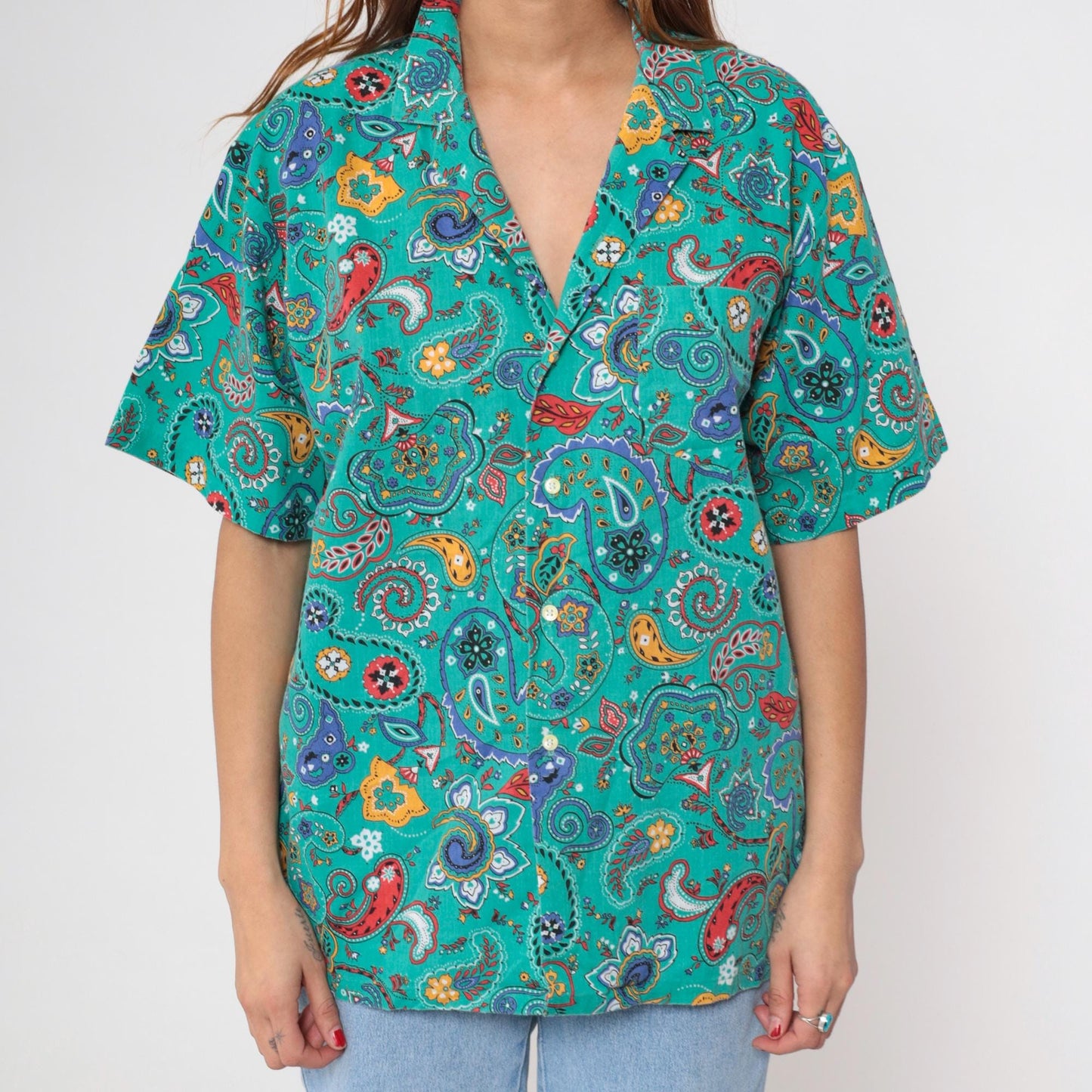90s Hub Frankel Turquoise Paisley Button-Up Shirt Short Sleeve Large L