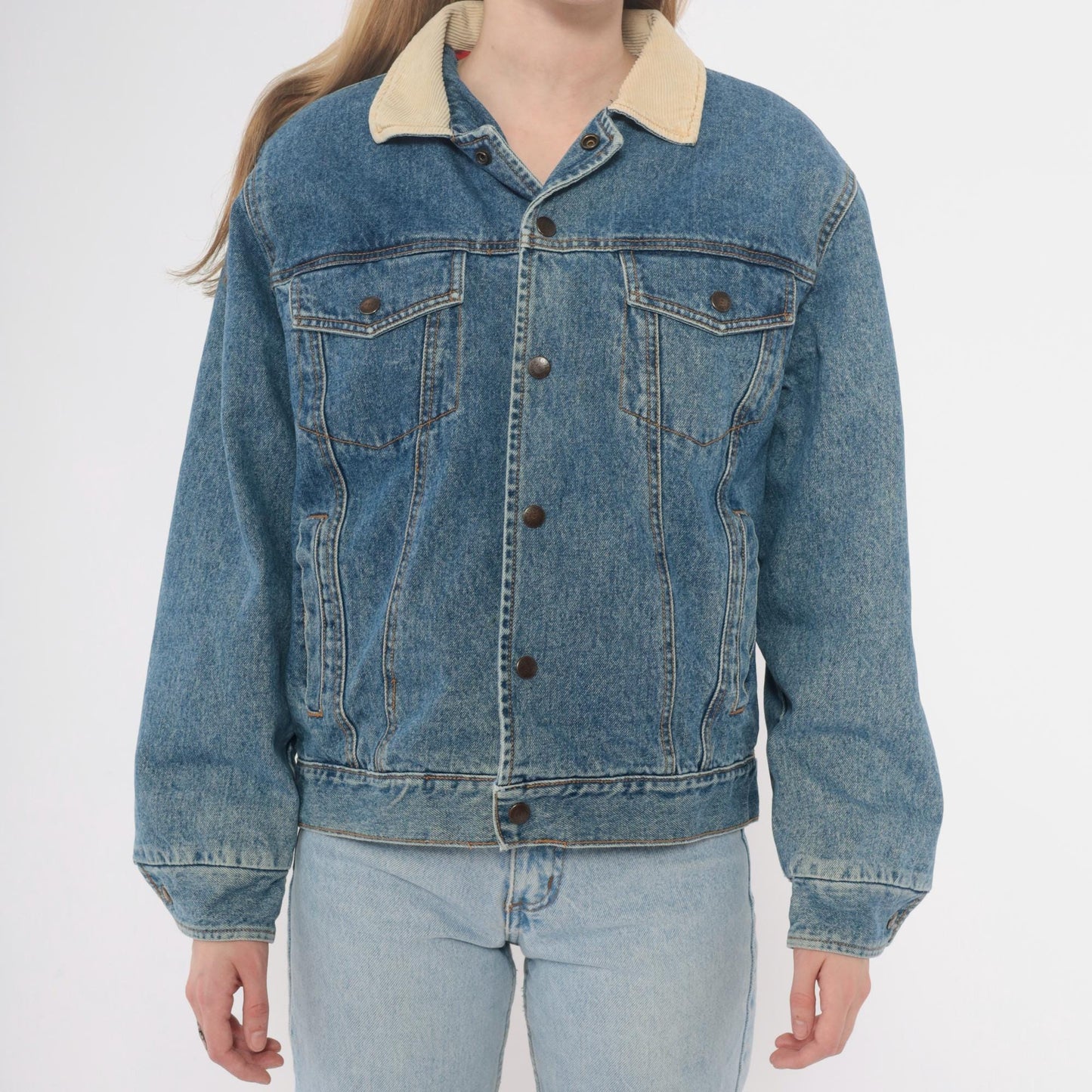 90s Denim Trucker Jacket Corduroy Collar Flannel Lined Medium Blue