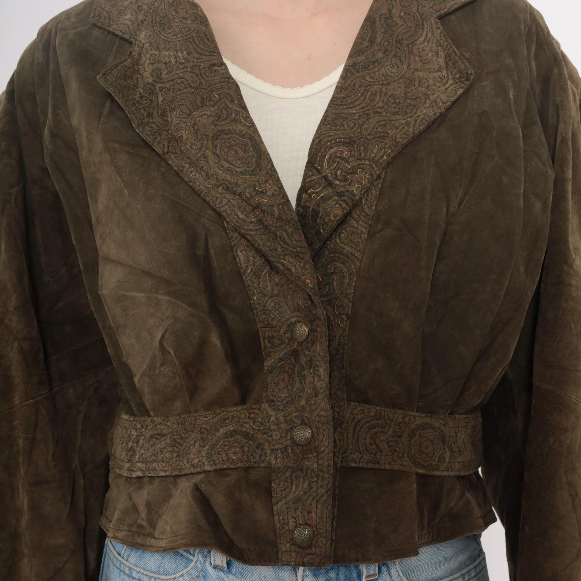 90s Olive Brown Leather Jacket Paisley Embossed Belted Cropped Small
