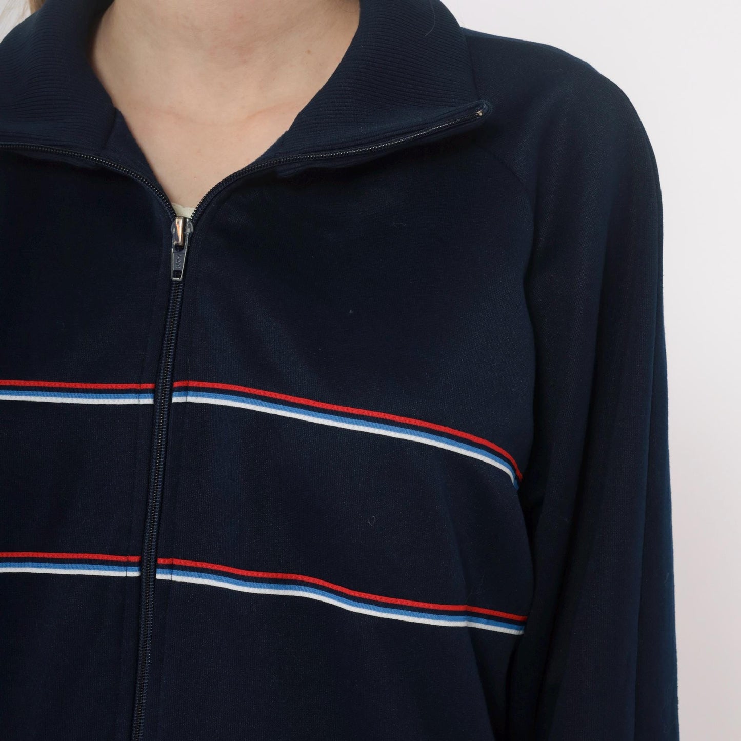 80s The Sports Scene Navy Track Jacket Striped Raglan Zip Large L