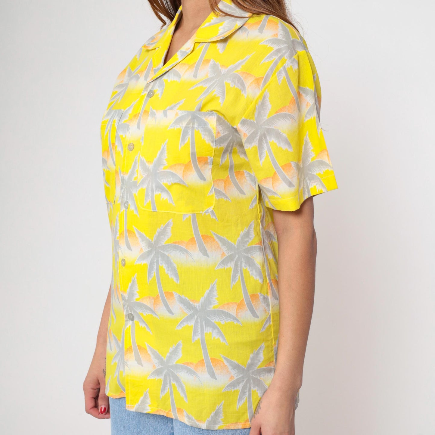80s Tropicana Hawaiian Shirt Yellow Palm Tree Orange White Small