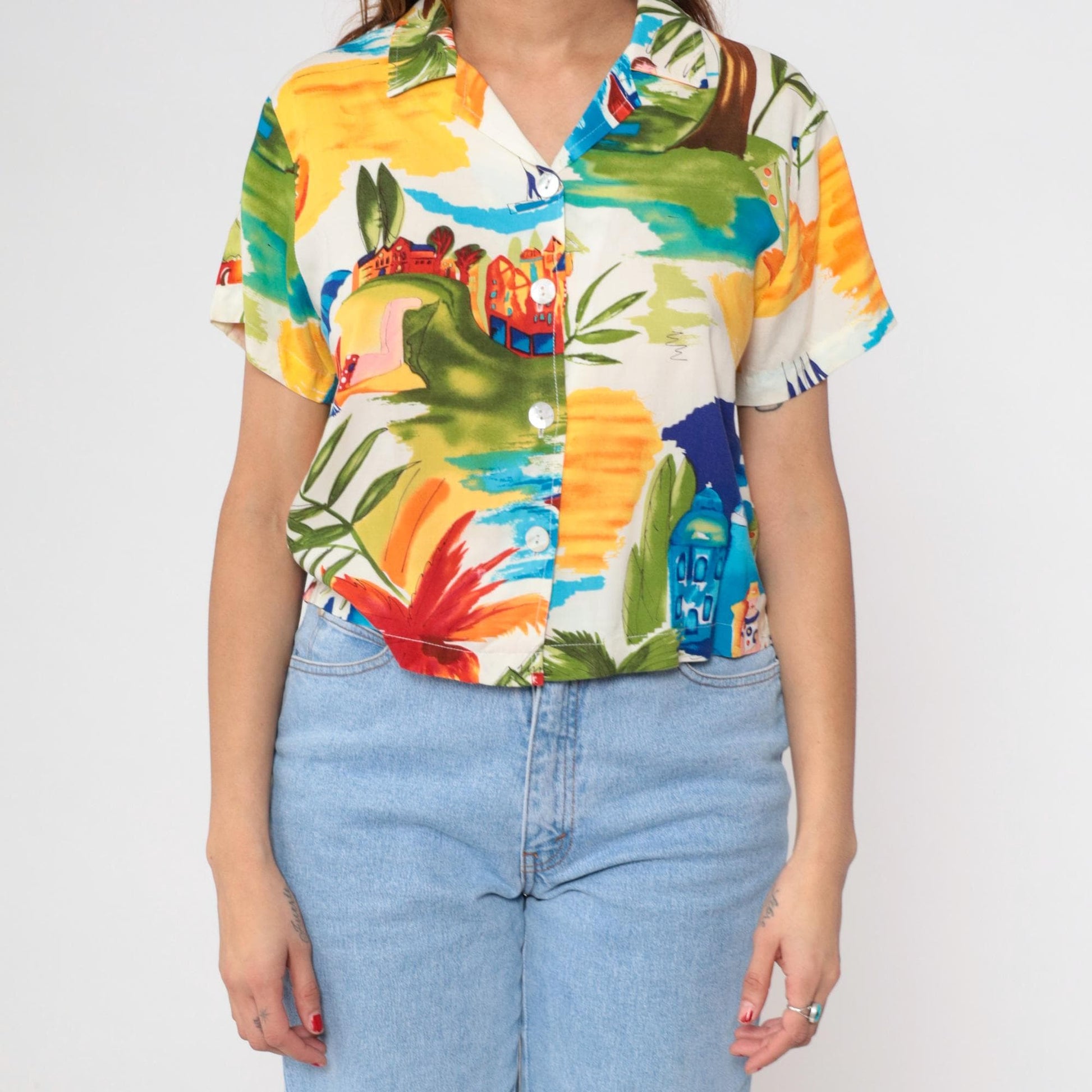 90s Tropical Print Button-Up Shirt Palm Trees Sailboats Medium