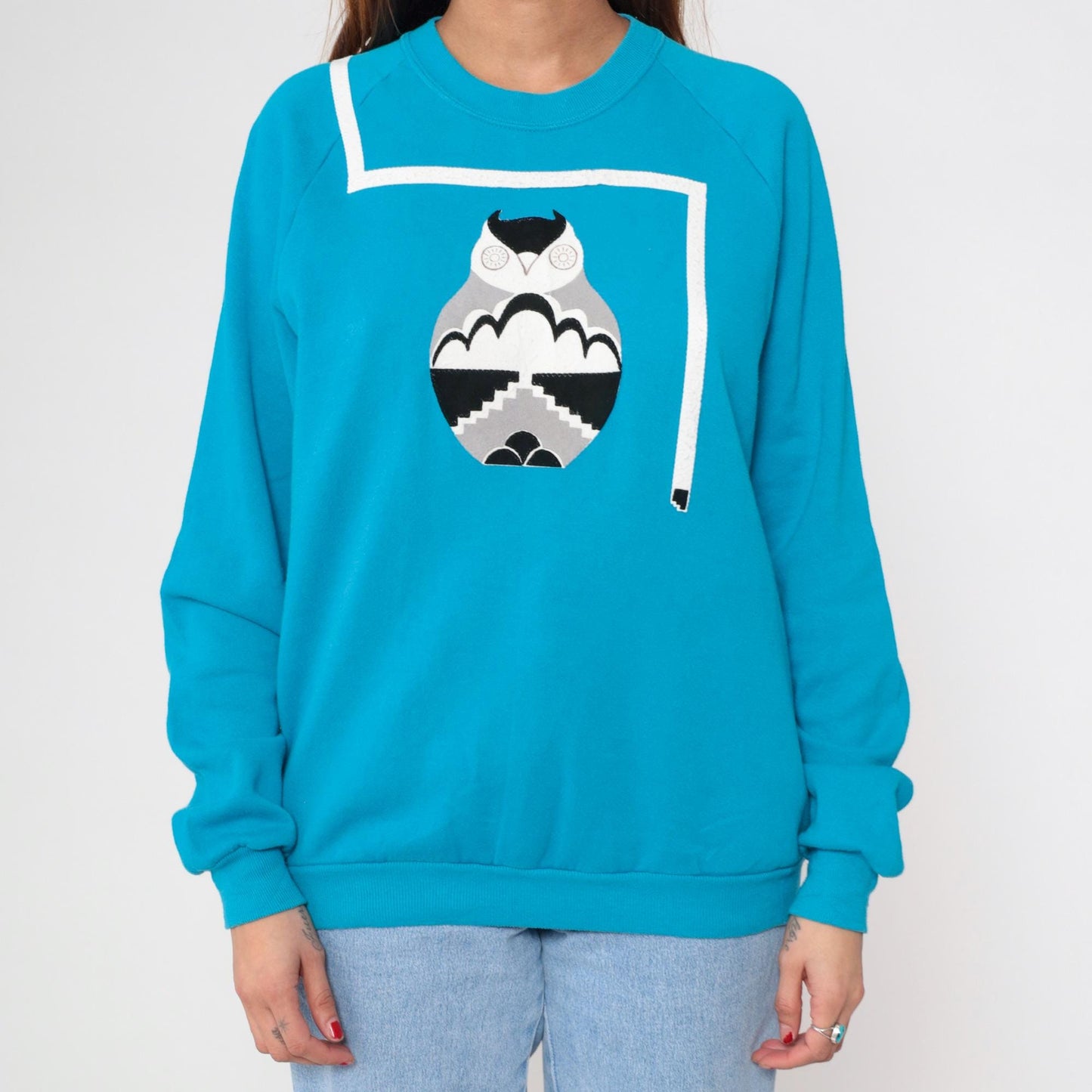 90s Jerzees Owl Graphic Sweatshirt Turquoise Raglan Extra Large XL