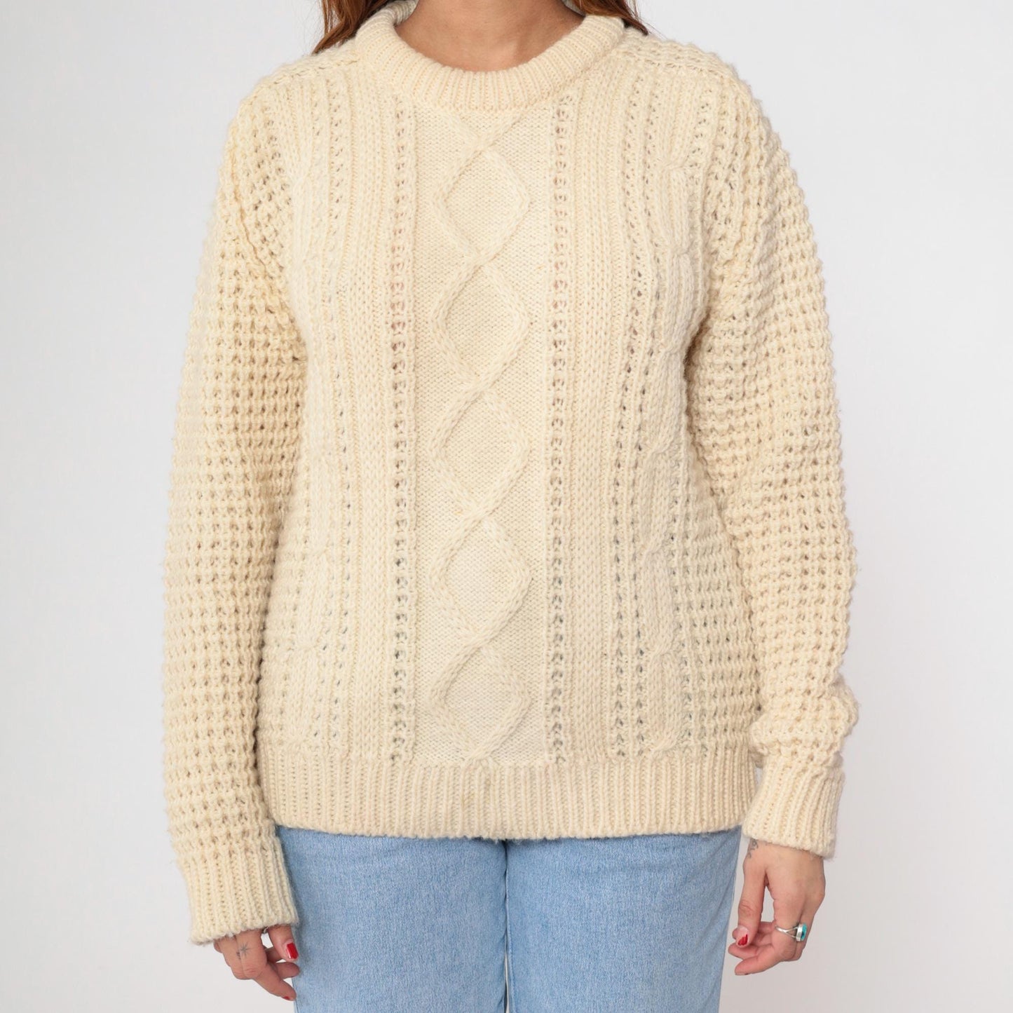 80s Falcarragh Cable Knit Wool Sweater Cream Aran Fisherman Small