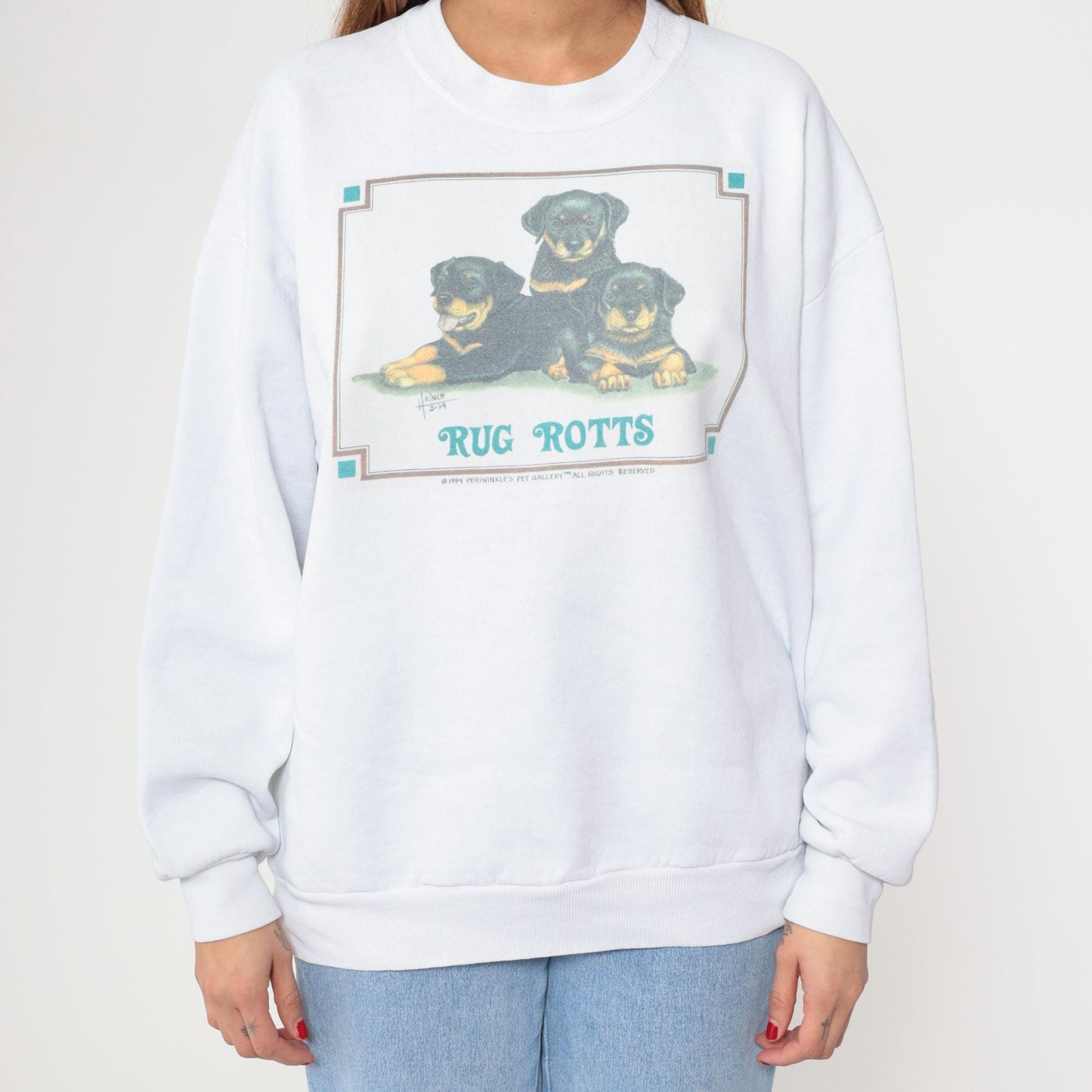 90s Rottweiler Puppies Graphic Sweatshirt White Jerzees Crewneck Extra Large XL