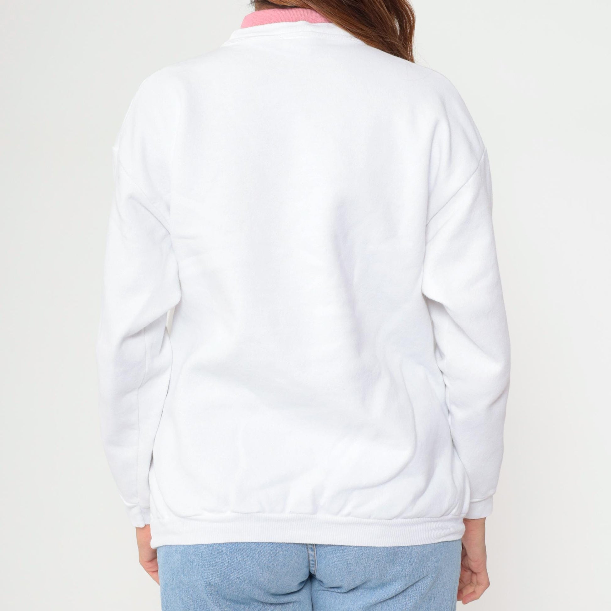 90s White Floral Mock Neck Sweatshirt Pink Collar Cotton Petite Large