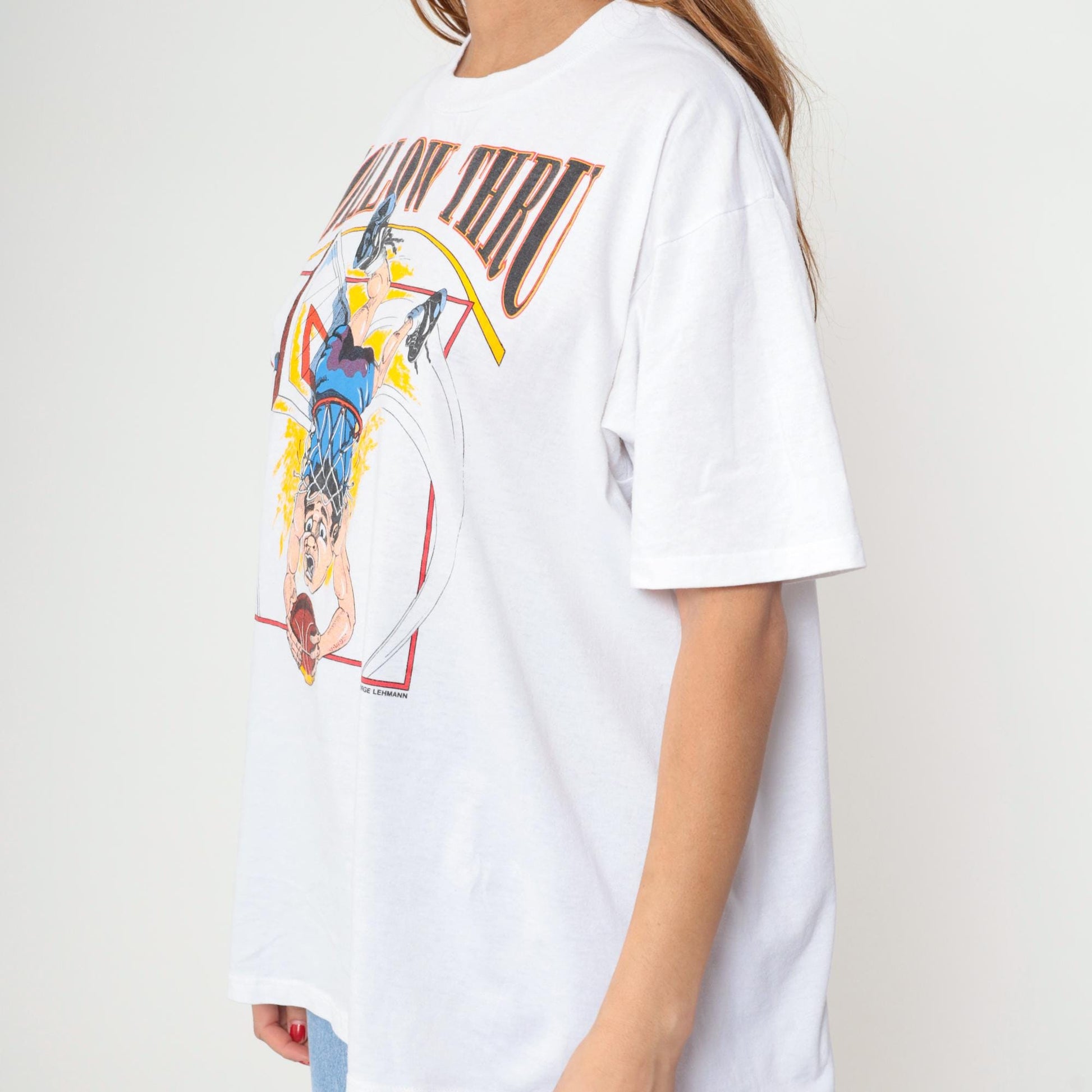 90s Jerzees Follow Thru Basketball Graphic Tee White Cartoon Dunk Extra Large XL