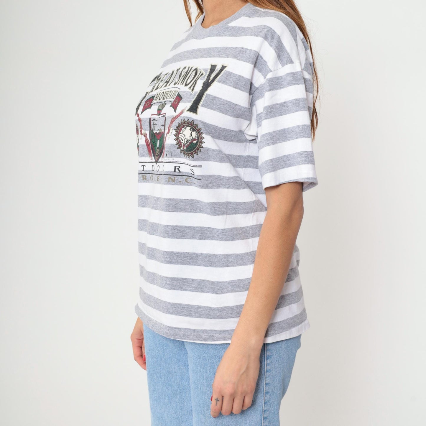 90s Great Smoky Mountains Striped Graphic Tee Grey White Large L