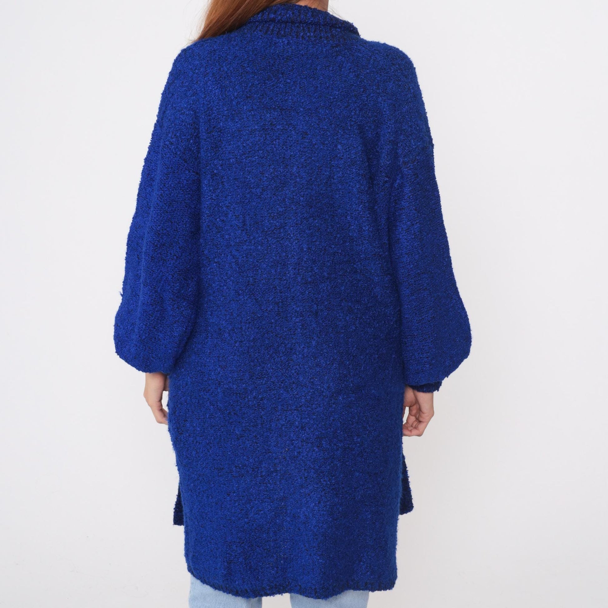 90s Sideffects Royal Blue Boucle Cardigan Duster Knee-Length Medium M