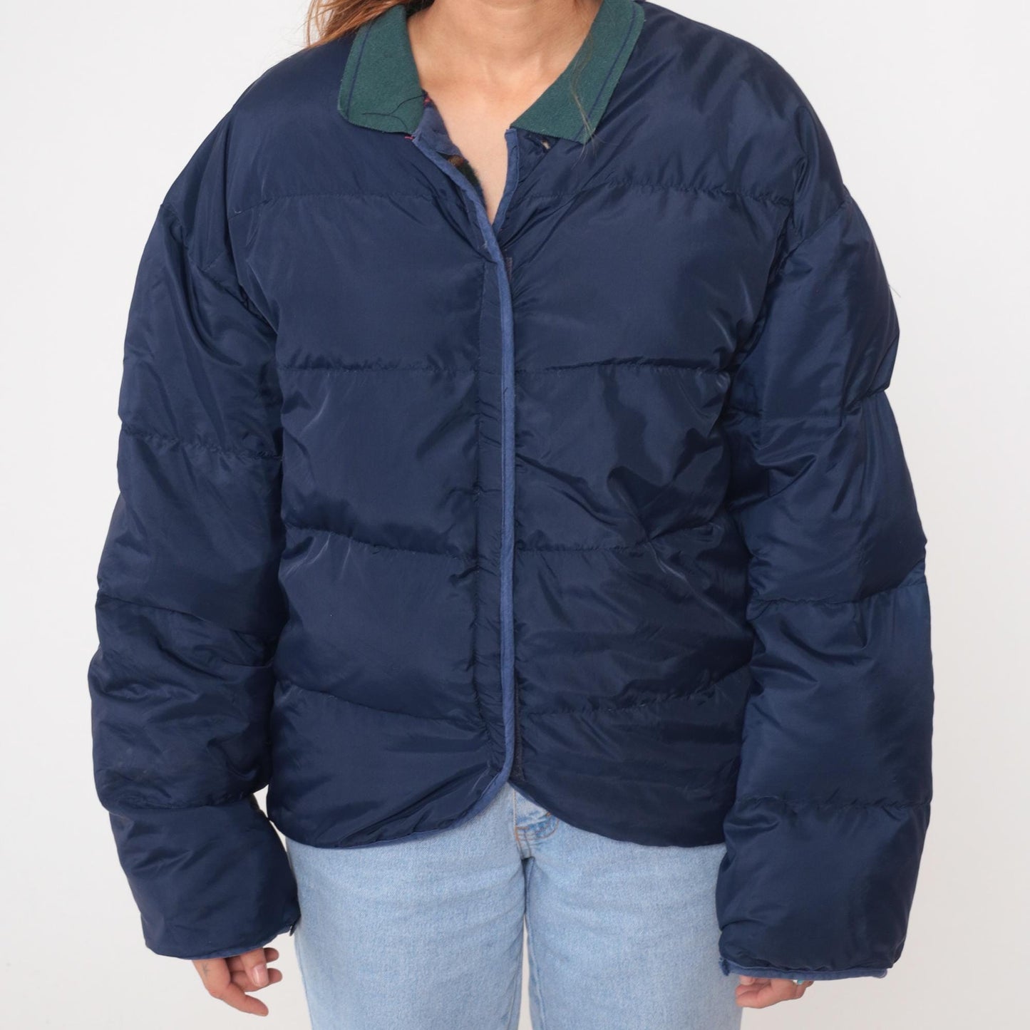 90s GM Down Puffer Jacket Navy Blue Teal Collar Quilted Medium M