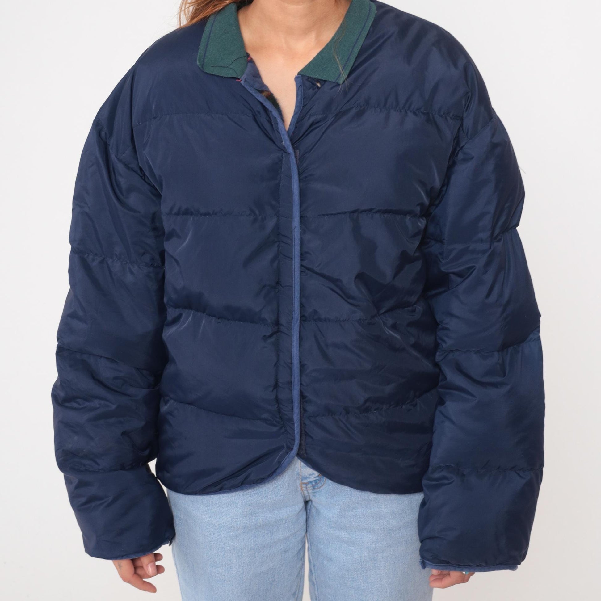 90s GM Down Puffer Jacket Navy Blue Teal Collar Quilted Medium M