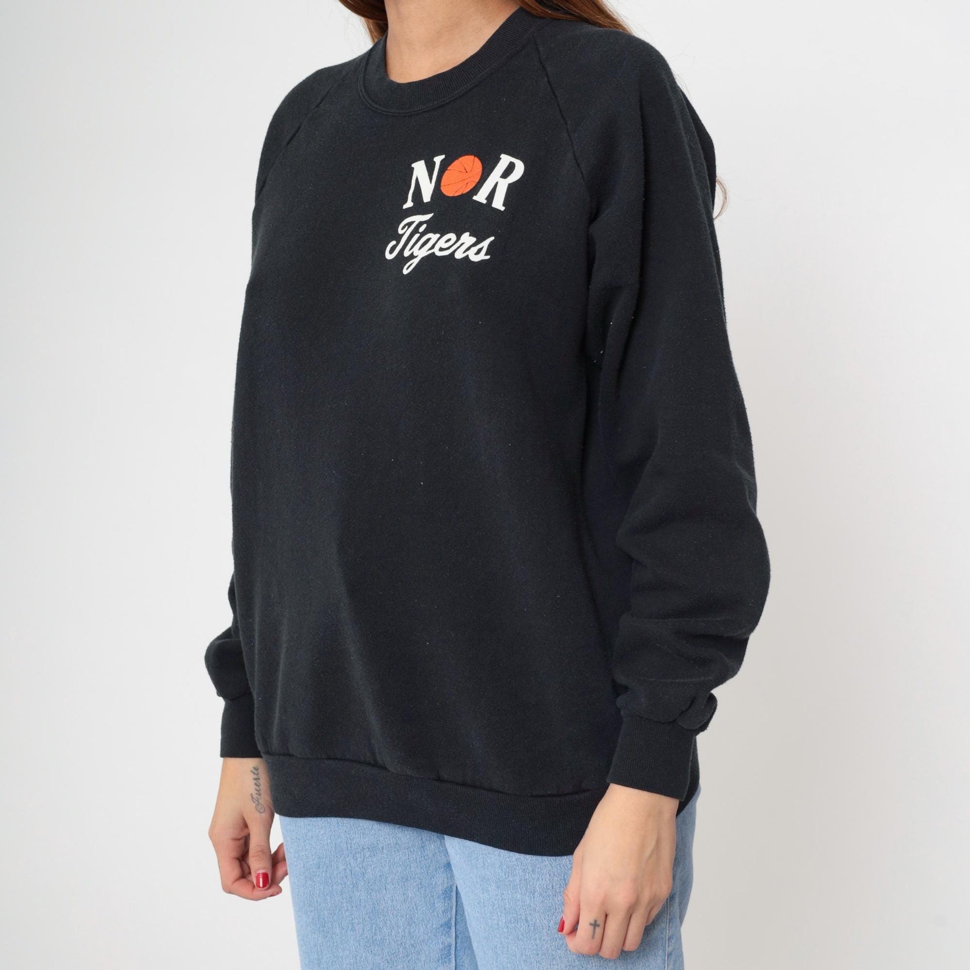 90s Jerzees NOR Tigers Basketball Sweatshirt Black Raglan Extra Large XL