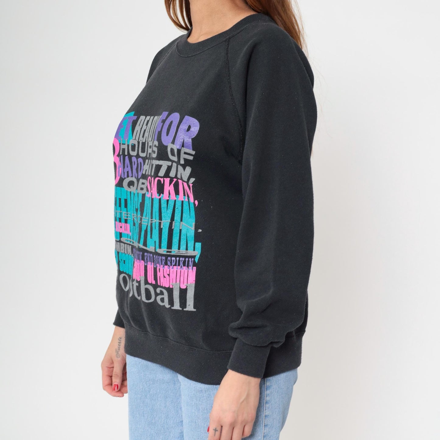 90s Hanes Football Sweatshirt Black Raglan Graphic Crew Neck Medium