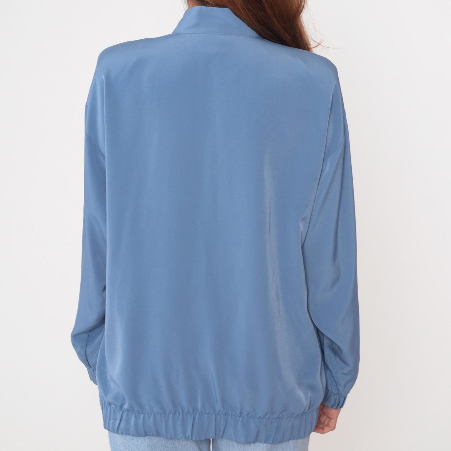 90s Silver Threads Powder Blue Bomber Jacket Spiral Embroidery Medium M