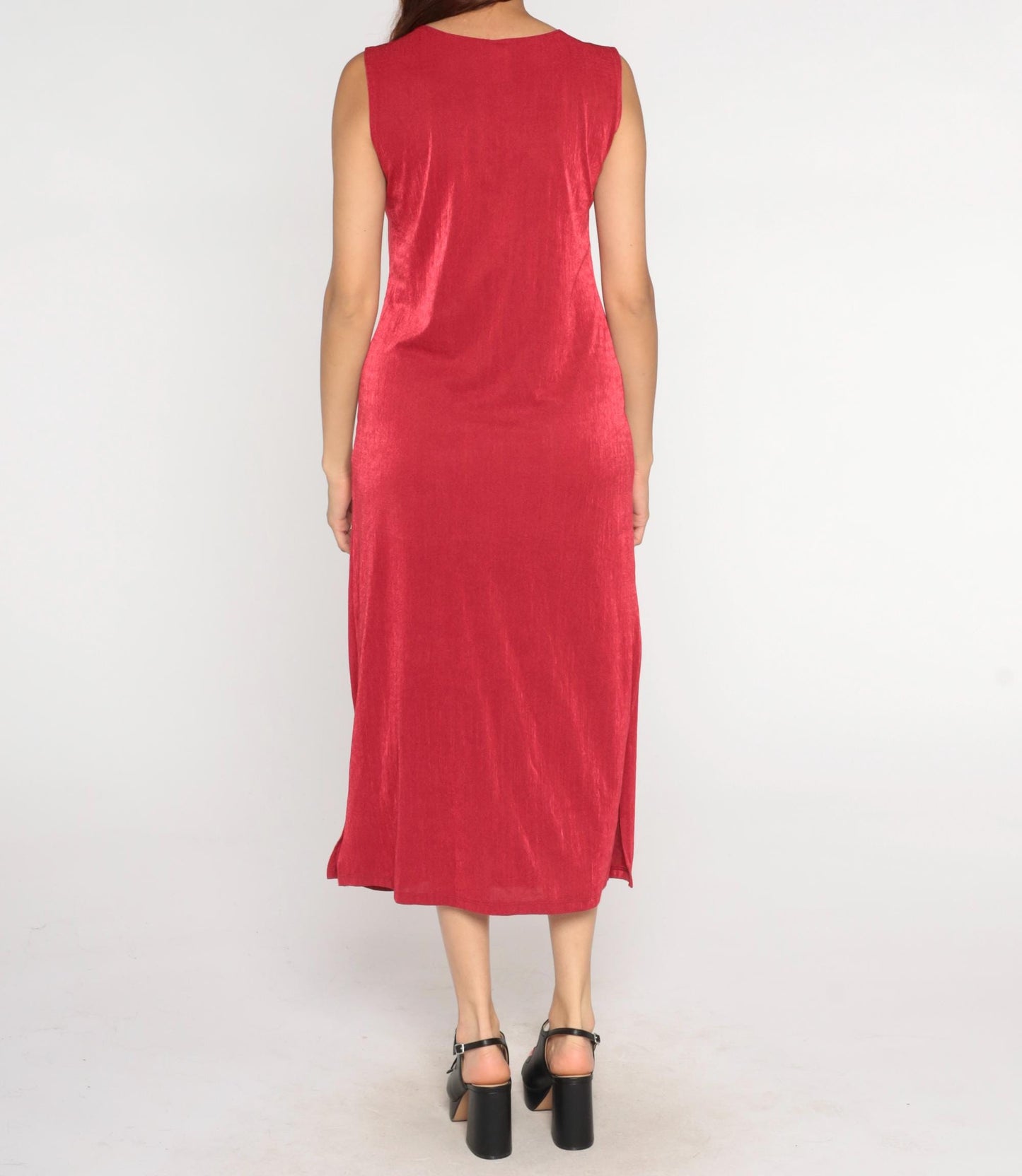 90s Red Rhinestone V-Neck Midi Dress Sleeveless Bodycon Medium M