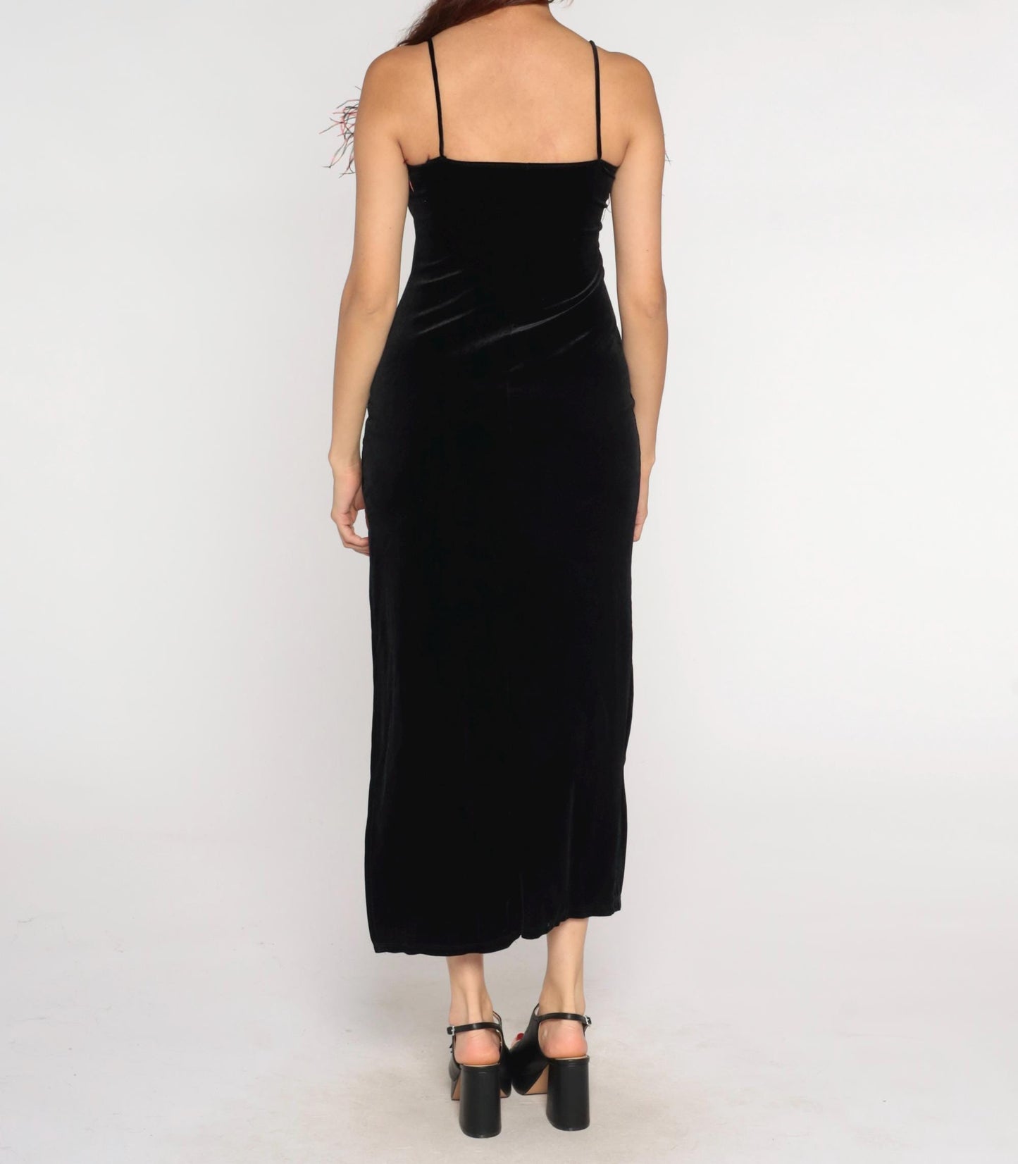 90s Black Velvet Maxi Dress Feather Trim Bodycon Slit Medium M