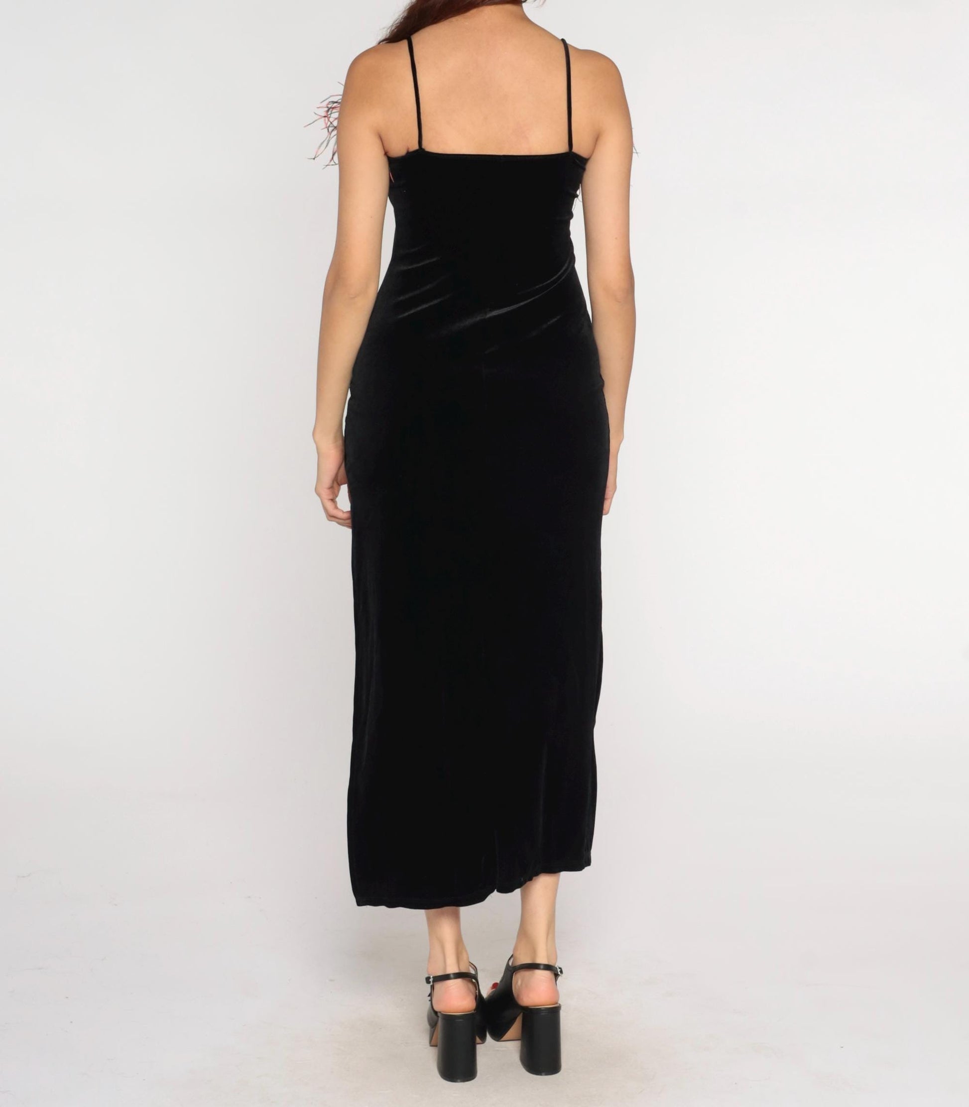 90s Black Velvet Maxi Dress Feather Trim Bodycon Slit Medium M