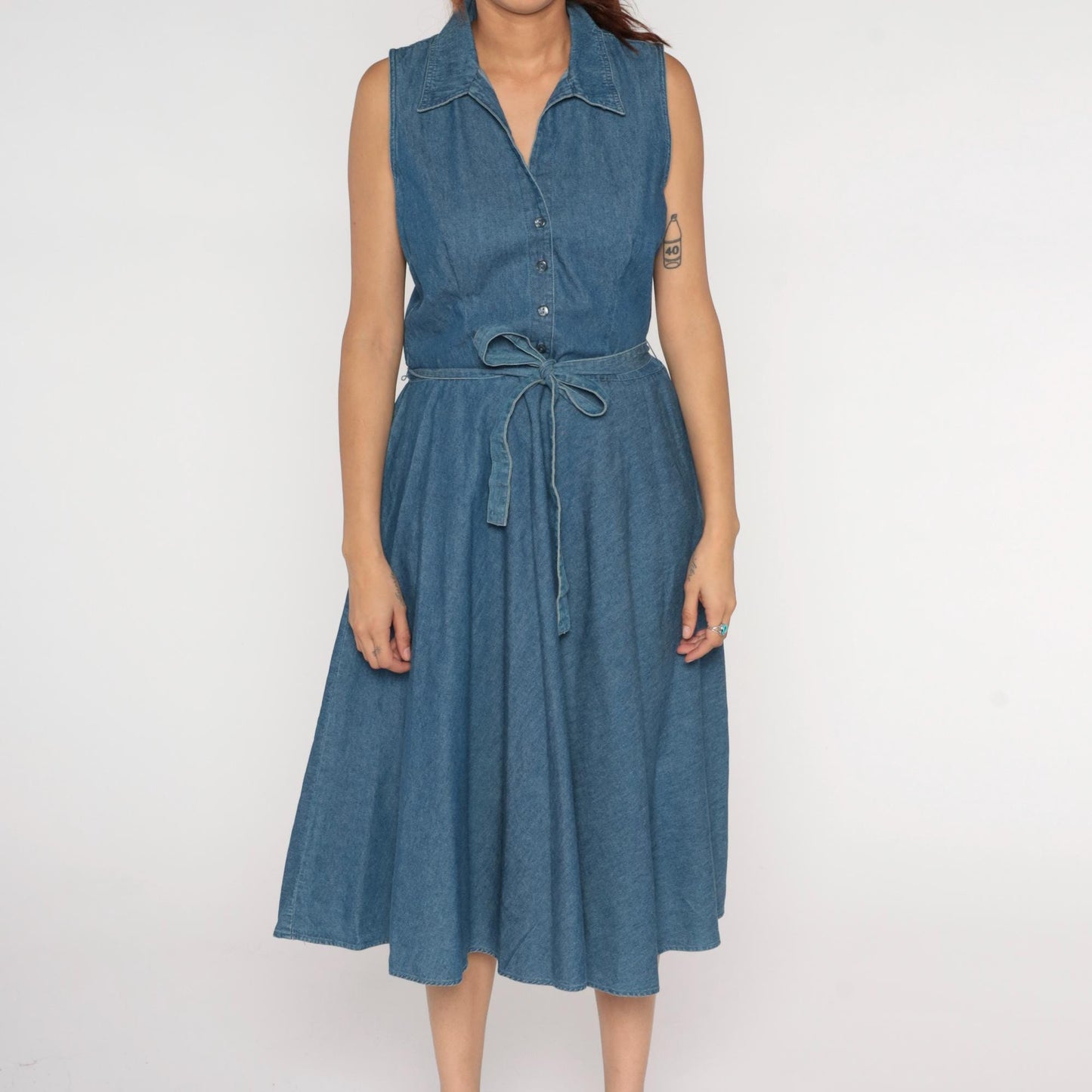 Y2K Denim Midi Dress Blue Chambray Sleeveless Collared Tie Waist Large L