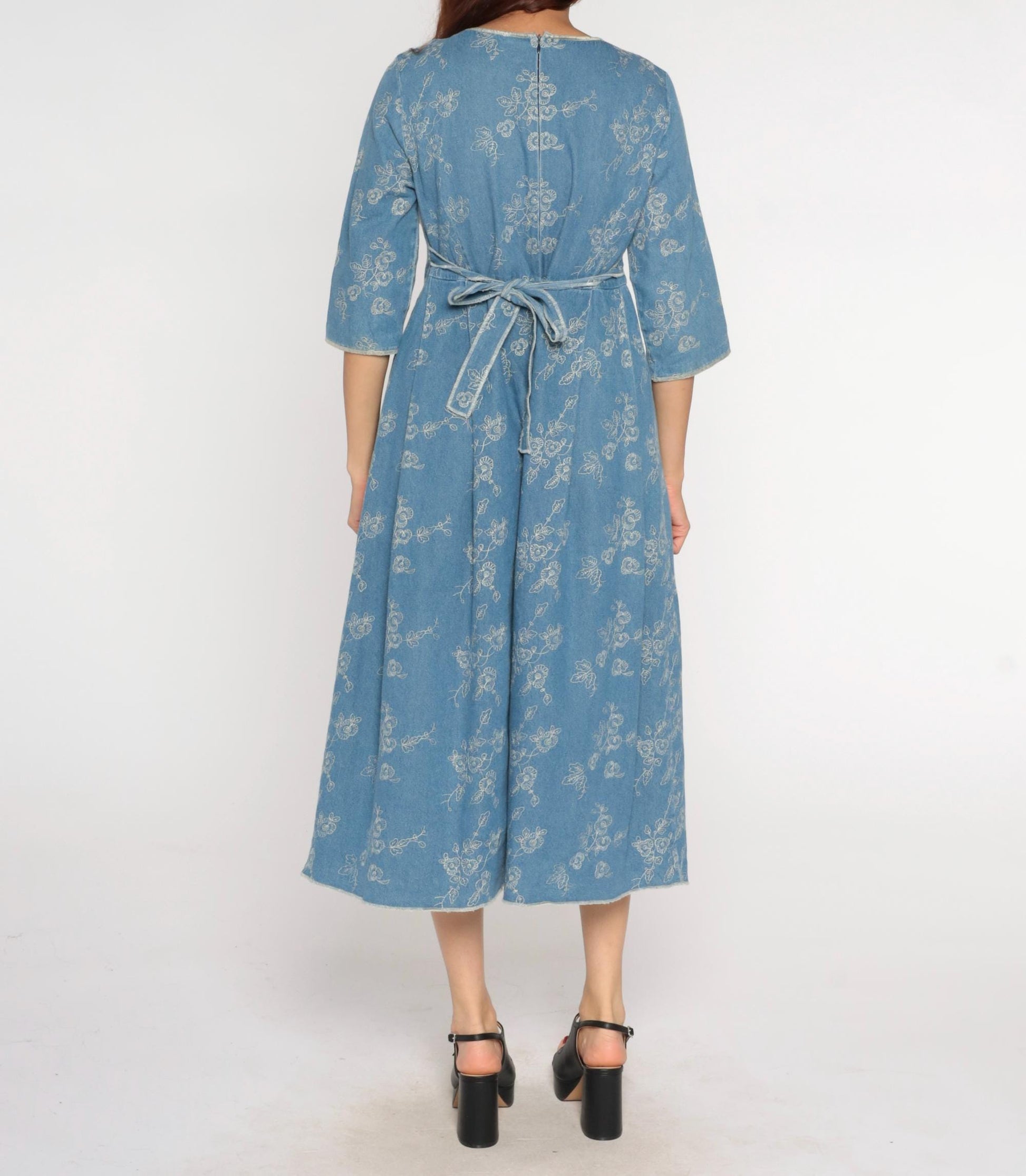 Y2K Blue Embroidered Denim Dress Floral Empire Waist A-Line Medium M