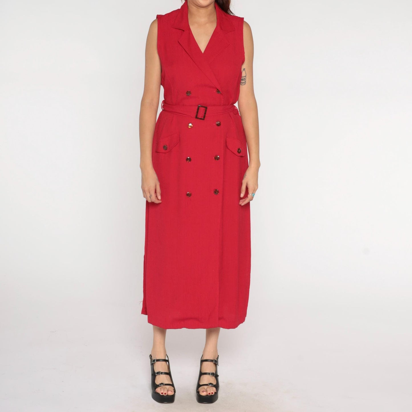 90s Sag Harbor Red Midi Dress Sleeveless Button Front Belted Notched Collar Large