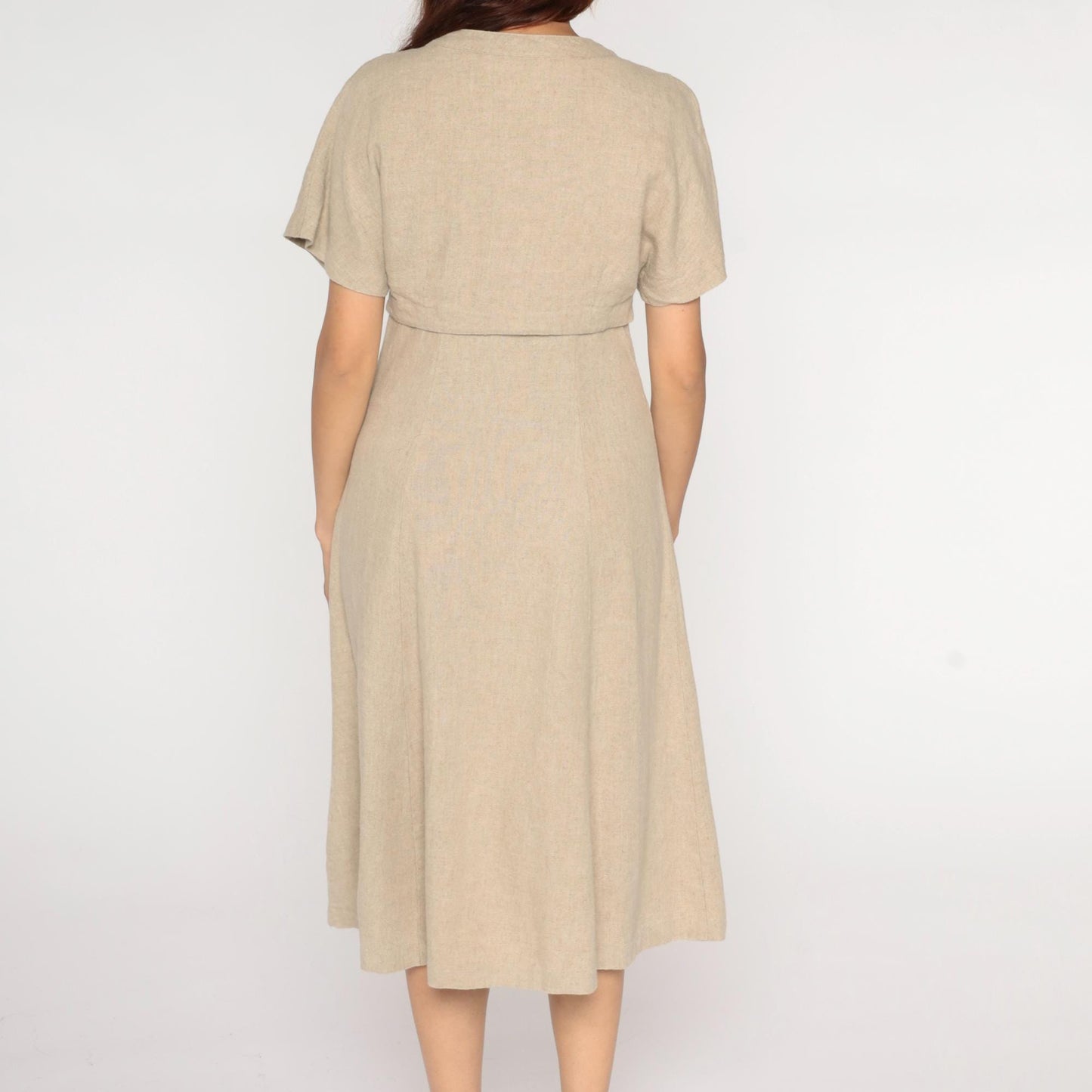 90s Miss Dorby Beige Linen Midi Dress Embroidered Sequin V-Neck Medium