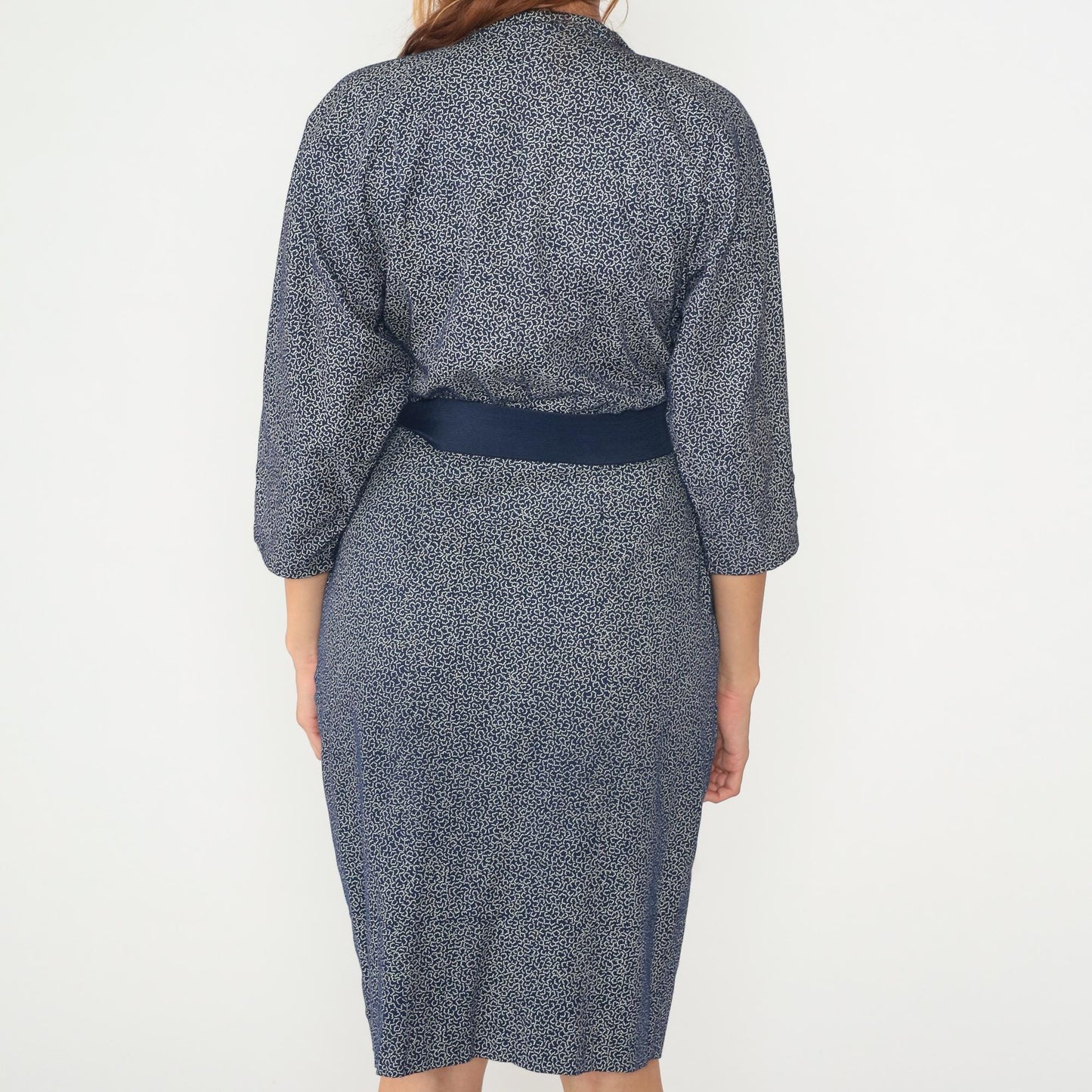 90s Wild Dress Navy Speckled Midi V-Neck Button Front Medium M