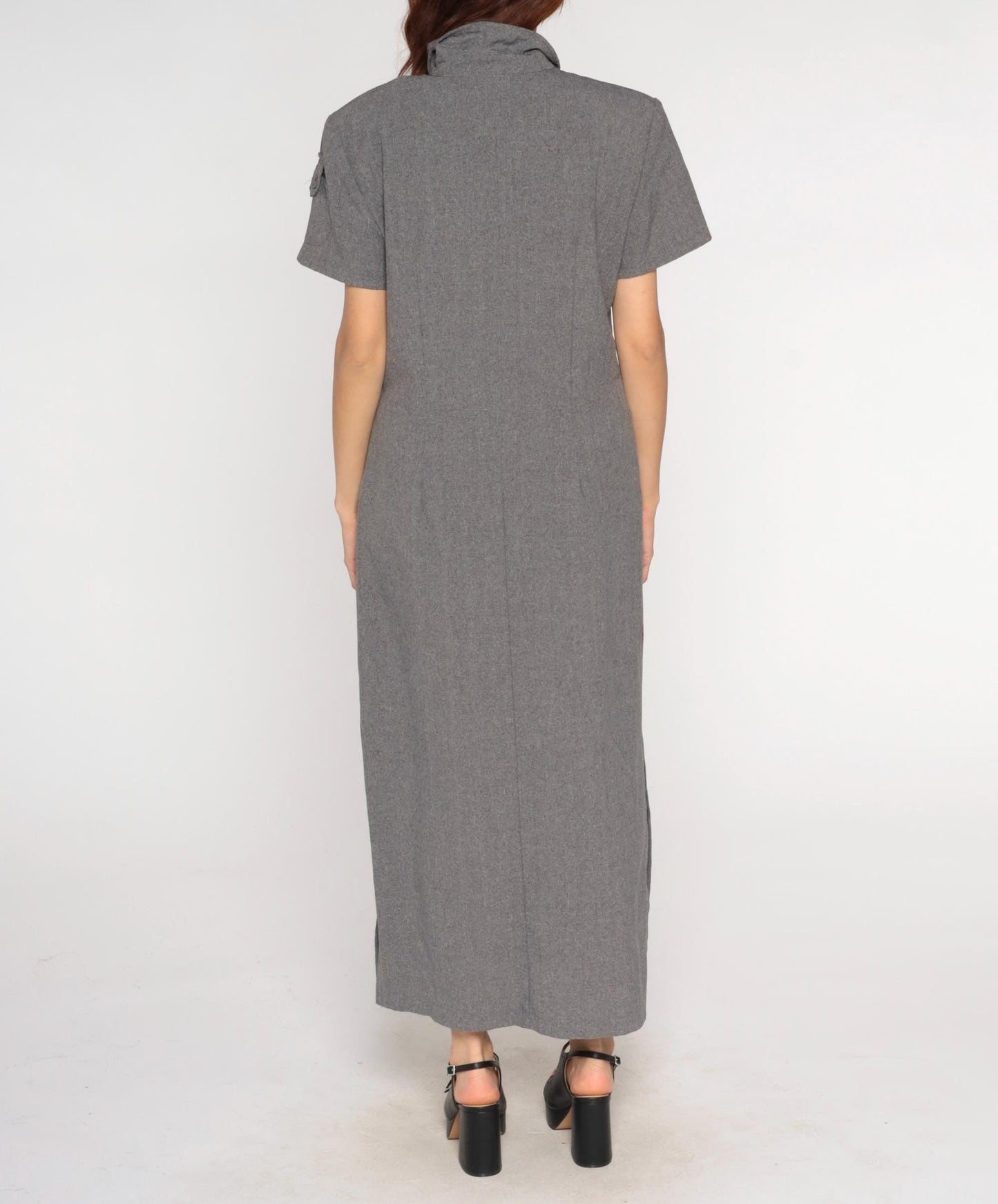 90s Grey Collared Shirt Dress Maxi Polyester Column Short Sleeve Large L
