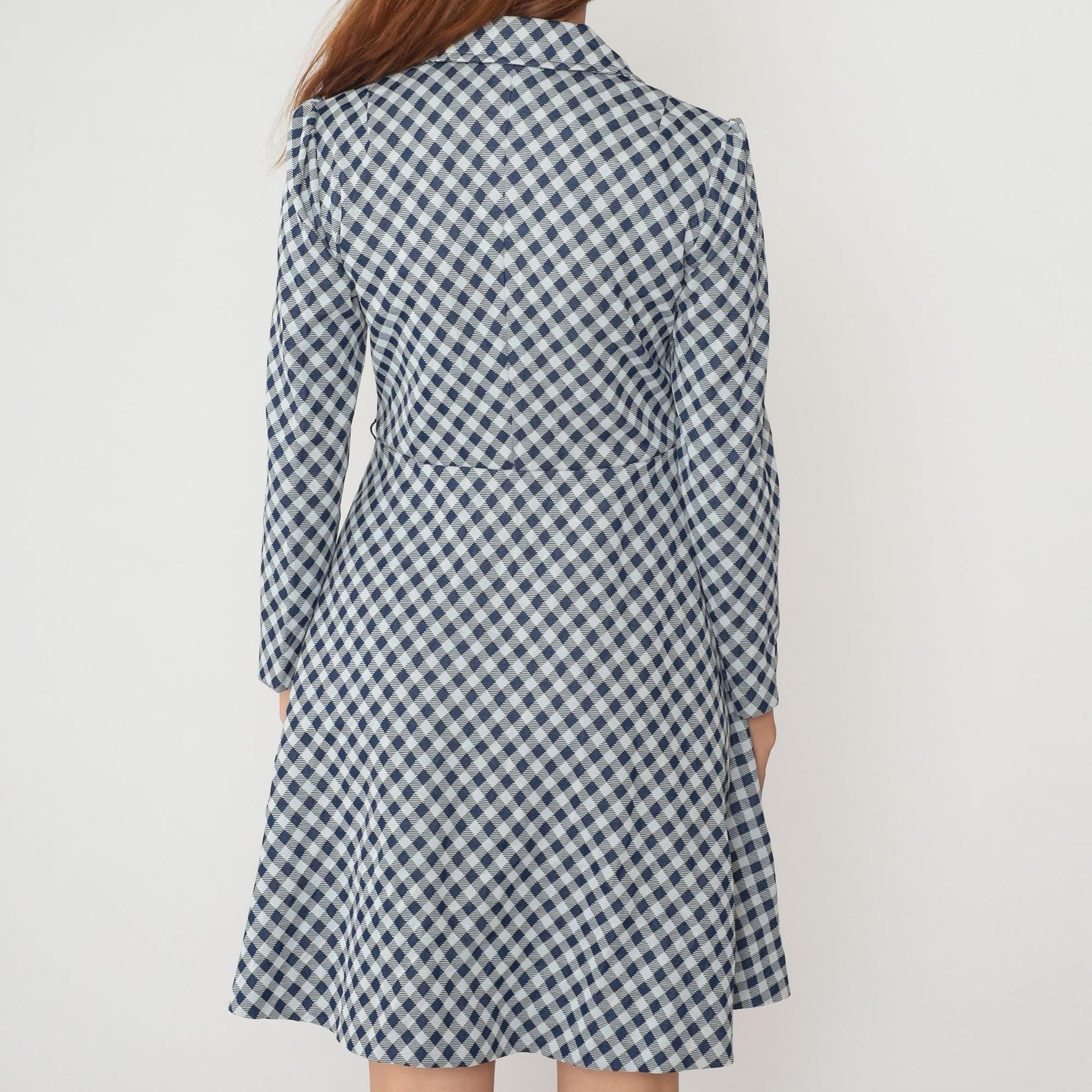 70s Blue White Gingham Check Dress Collared A-Line Long Sleeve Medium