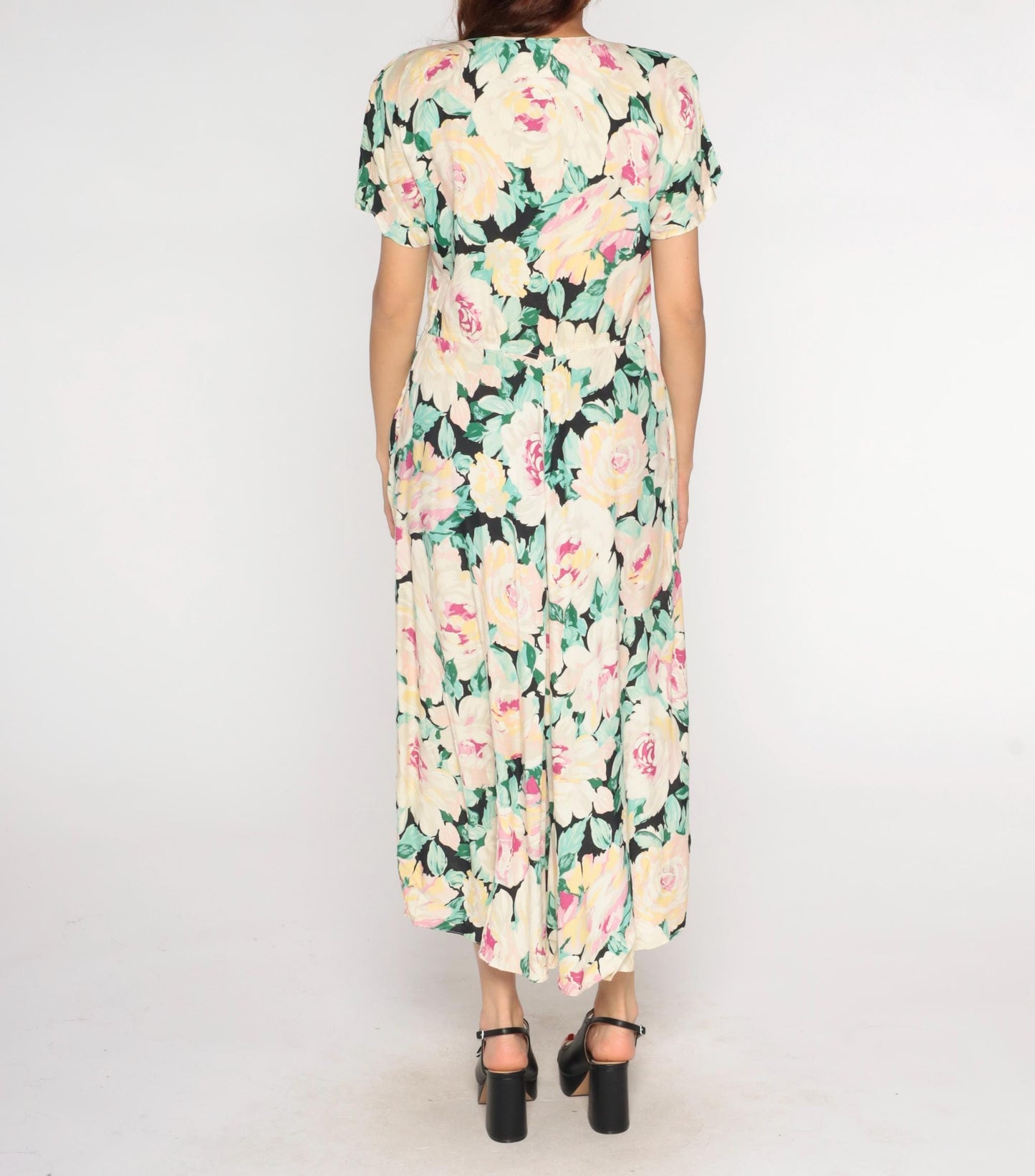 90s Carol Anderson Pastel Floral Maxi Dress Cream Pink Yellow Green Medium