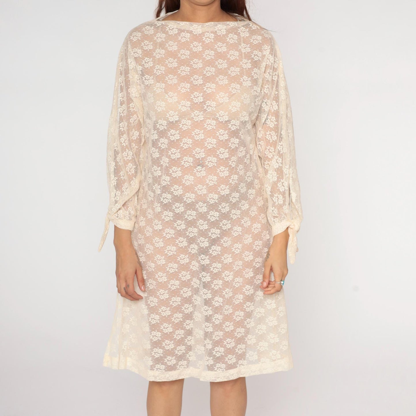 70s Cream Floral Lace Dress Knee Length Sheer Boat Neck Tie Cuff Small