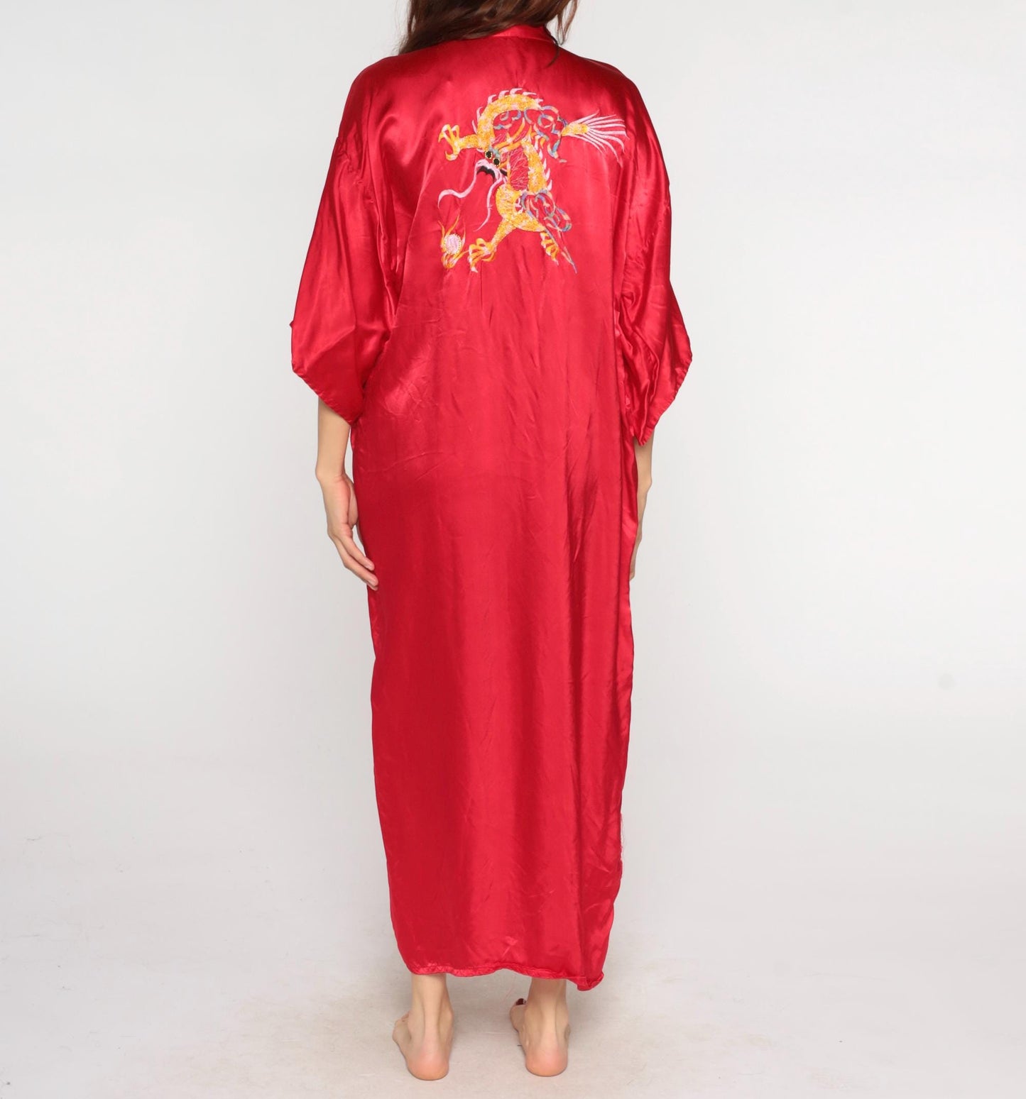 90s Red Satin Dragon Embroidered Kimono Robe Maxi Dressing Gown Extra Large XXL