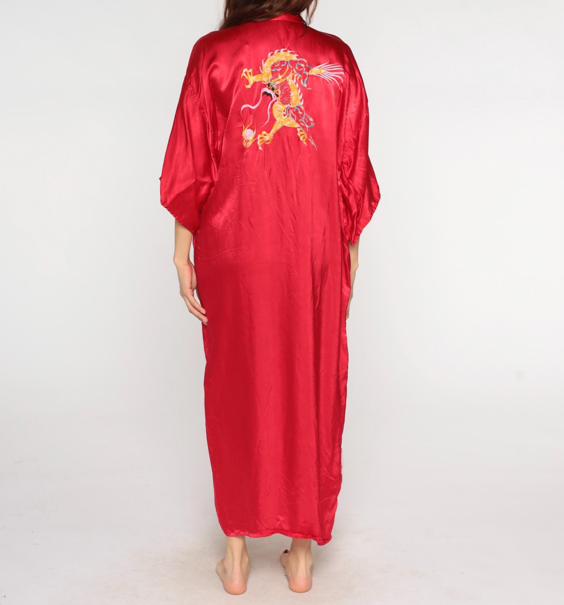 90s Red Satin Dragon Embroidered Kimono Robe Maxi Dressing Gown Extra Large XXL
