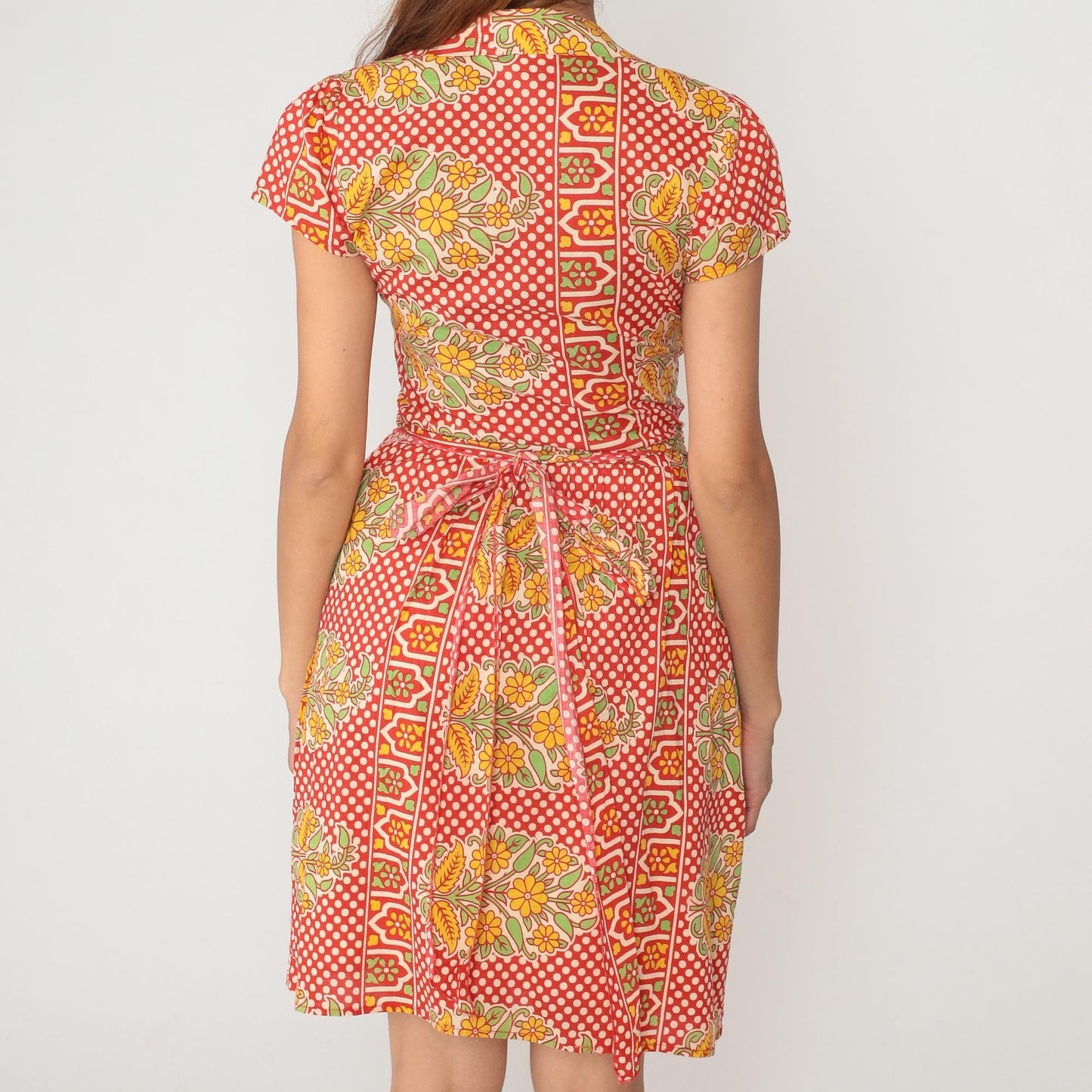 90s Wrap Dress Coral Red Polka Dot Floral Print Cotton V-Neck Medium M
