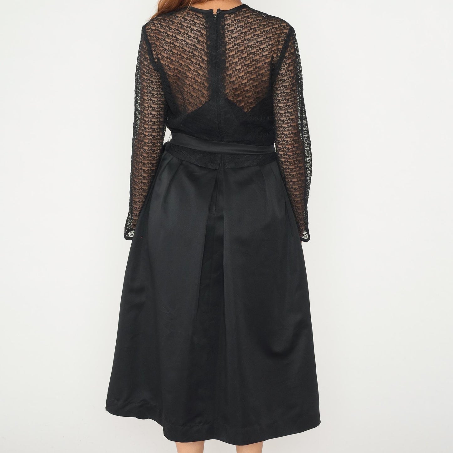 60s Herman Marcus Black Lace V-Neck Dress Tie Belt Midi Medium M