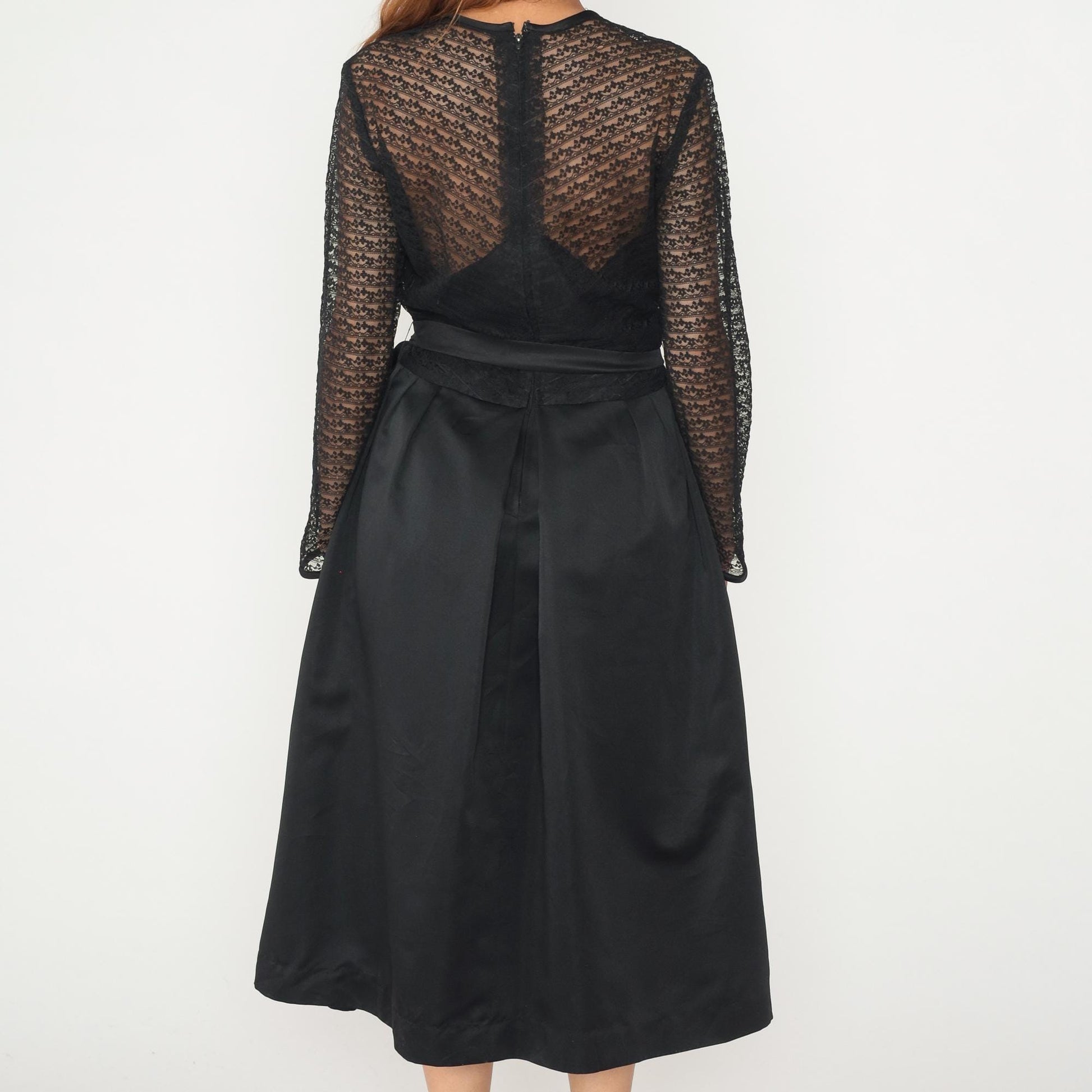 60s Herman Marcus Black Lace V-Neck Dress Tie Belt Midi Medium M