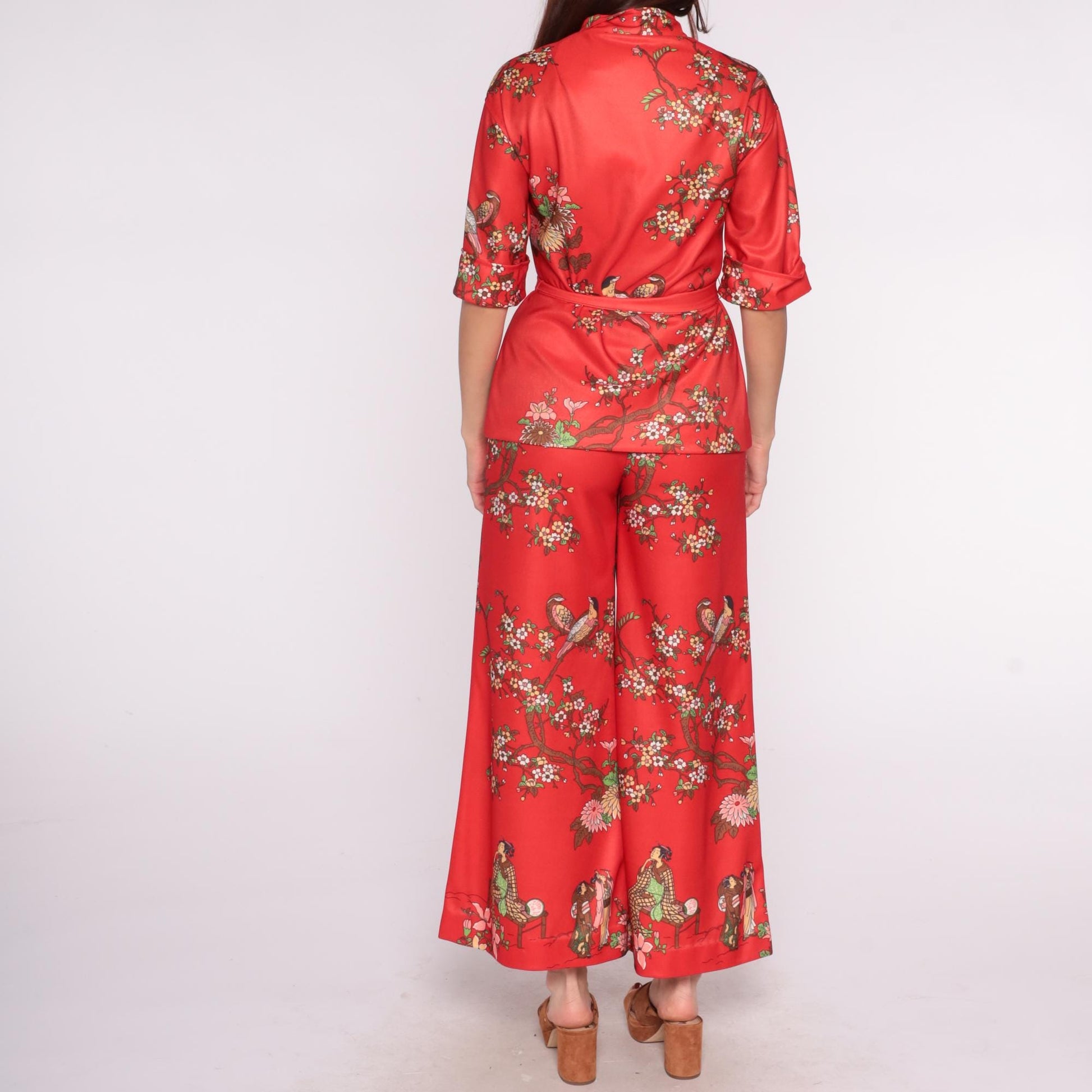70s Leslie Fay Pheasant Cherry Blossom Two Piece Set Red Small