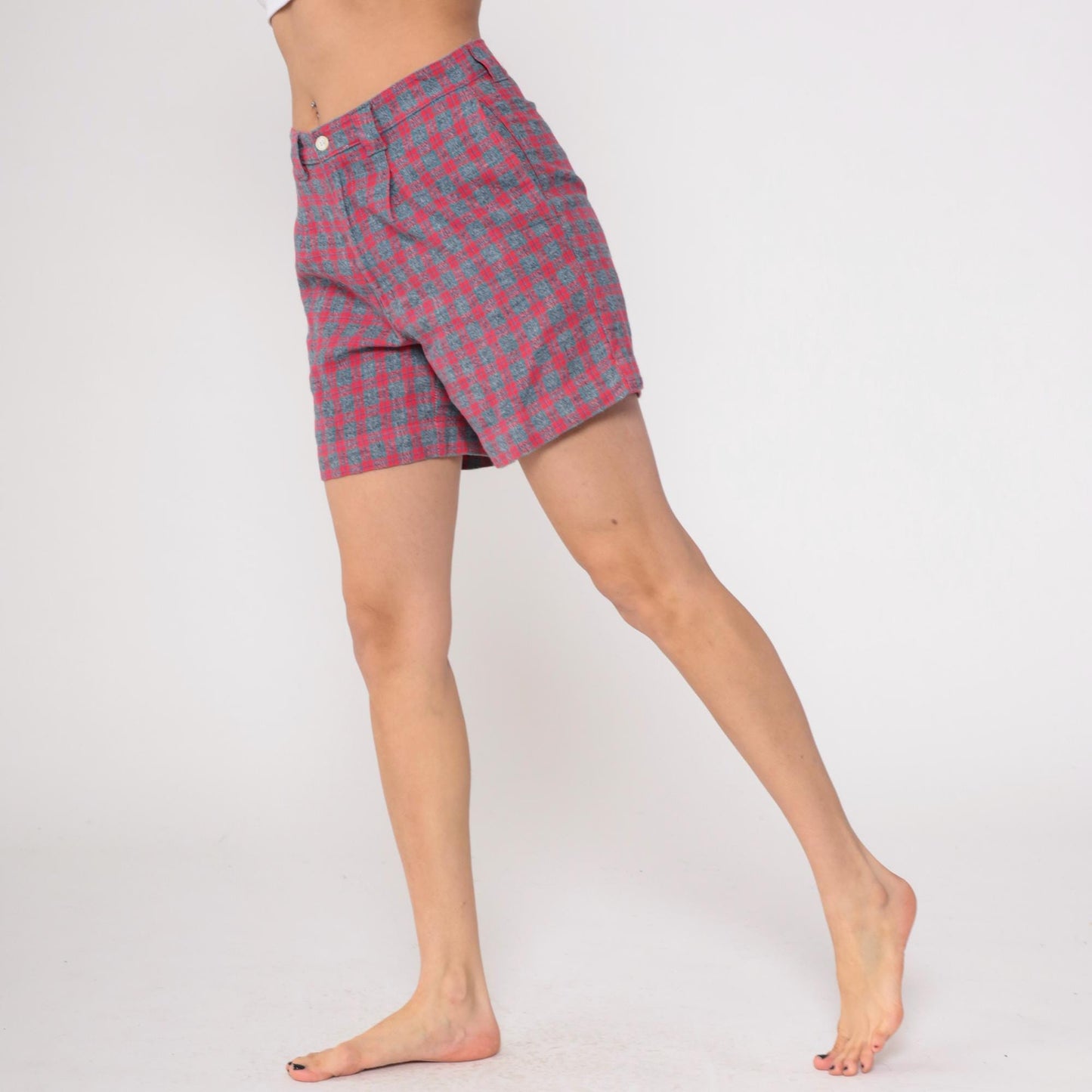 80s Pazzo Plaid High-Waisted Shorts Red Blue Button Front Medium