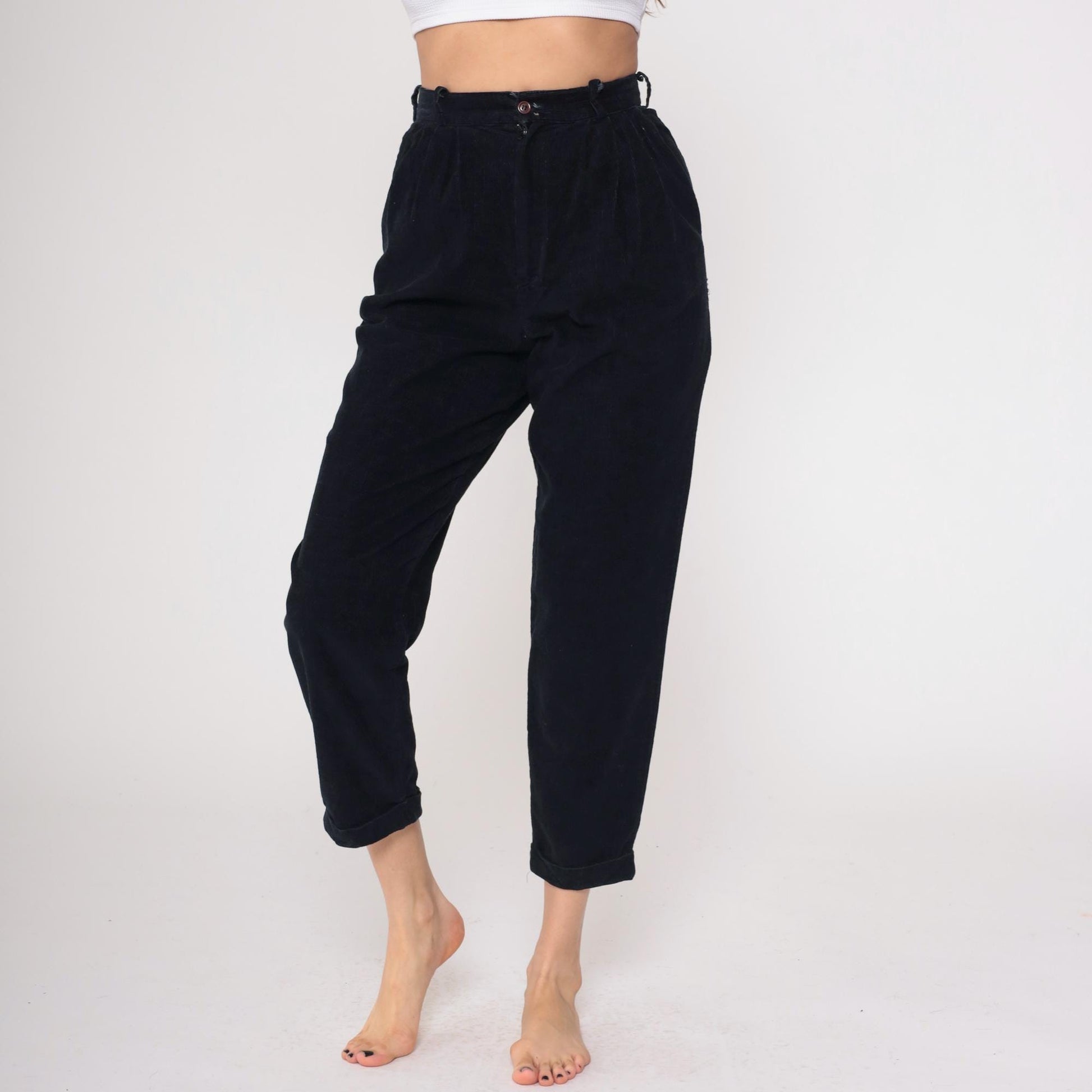 80s Michael Tracy Black Cotton High-Waisted Tapered Pants Small
