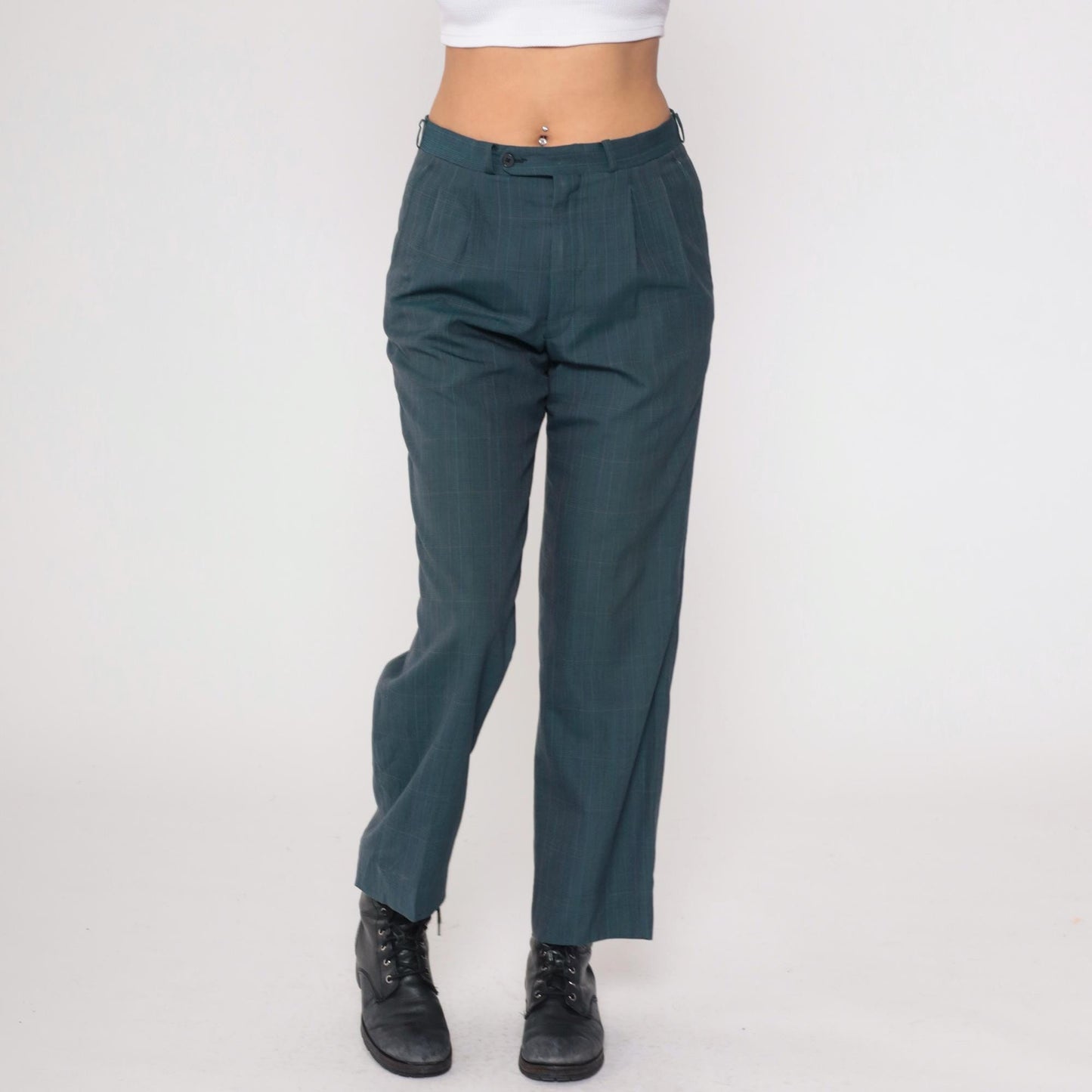 80s Dark Teal Plaid High Waist Straight Leg Trousers Pleated Large