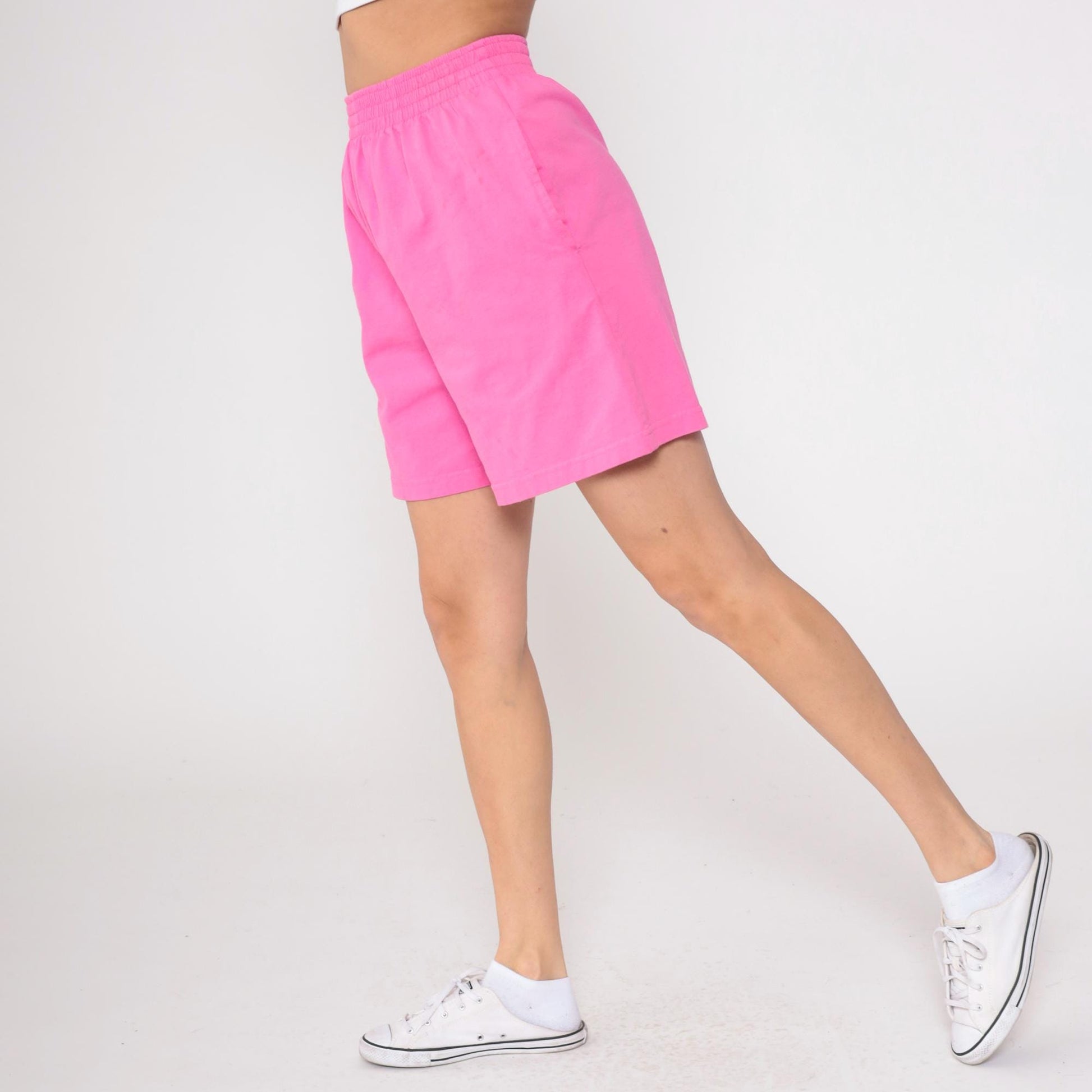 90s Hot Pink Cotton Shorts High Rise Bermuda Elastic Waist Medium