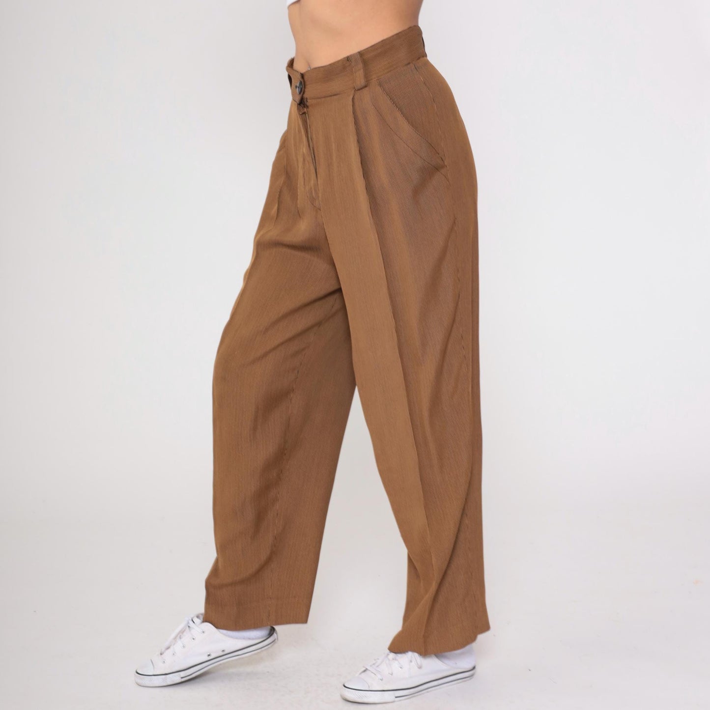 80s Emanuel Ungaro Pinstriped Trousers Brown Tan High Waist Pleated Medium