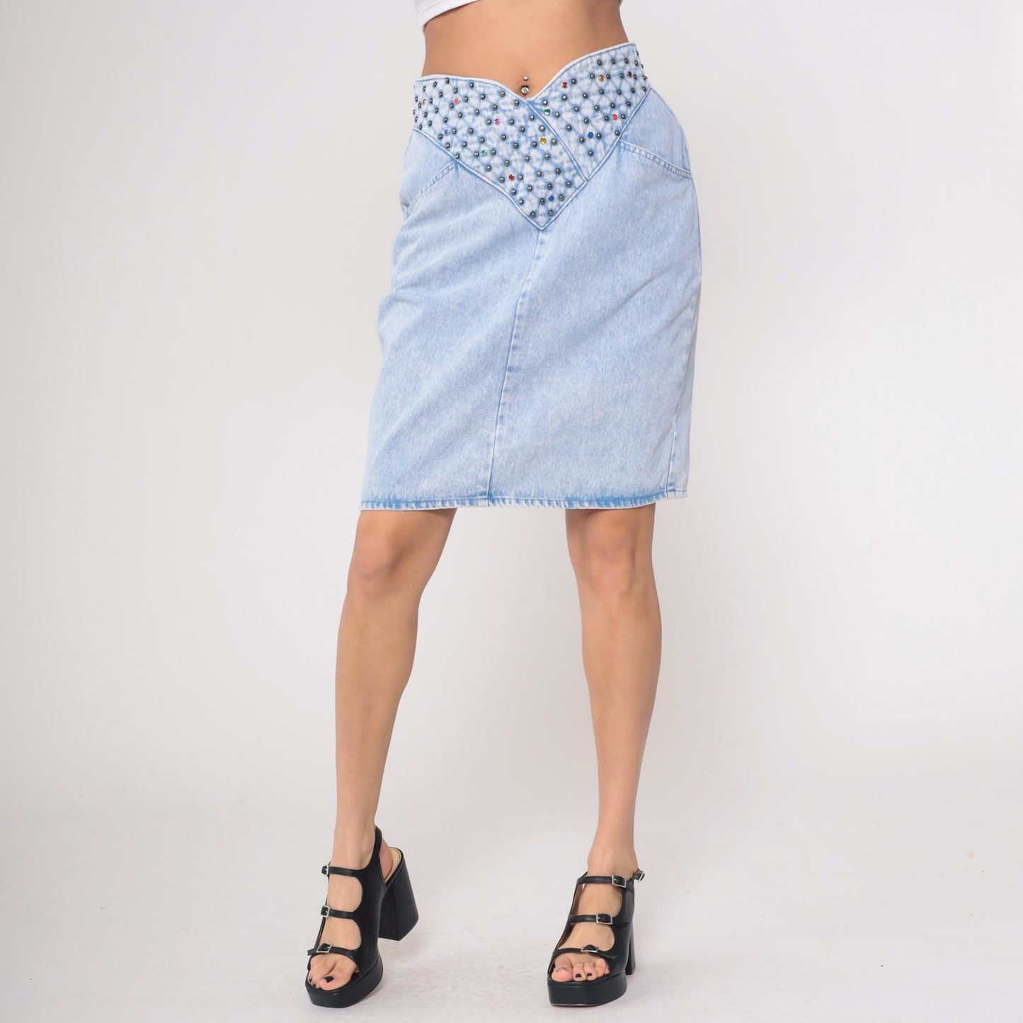 90s Opal Light Blue Studded Denim Mini Skirt Rhinestone High Waist Medium