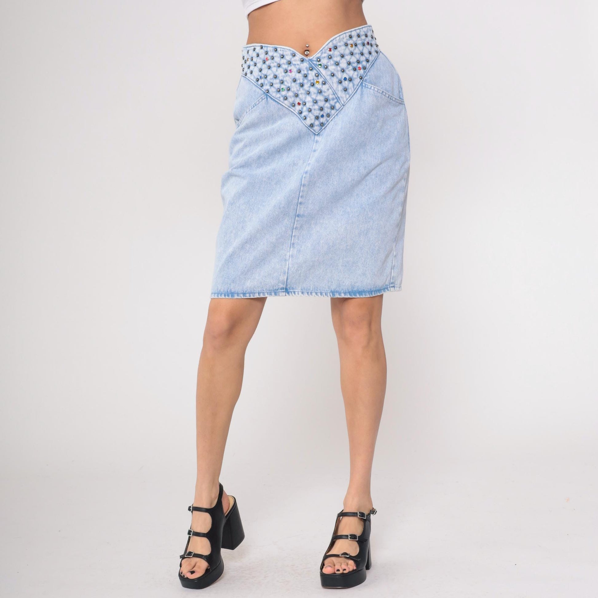 90s Opal Light Blue Studded Denim Mini Skirt Rhinestone High Waist Medium