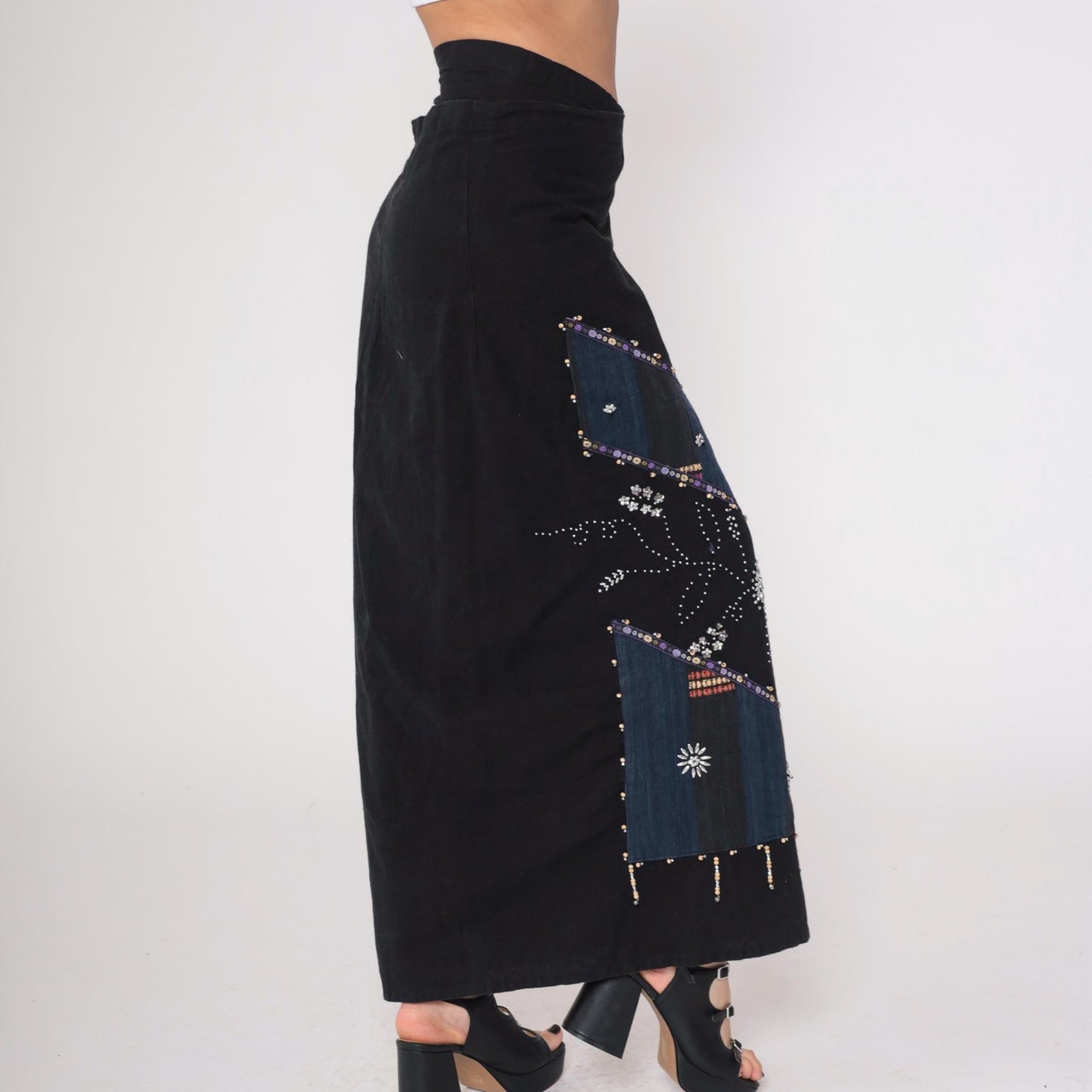 Y2K Black Wrap Skirt Beaded Navy Maxi Sequin Geometric Tribal Cotton Large