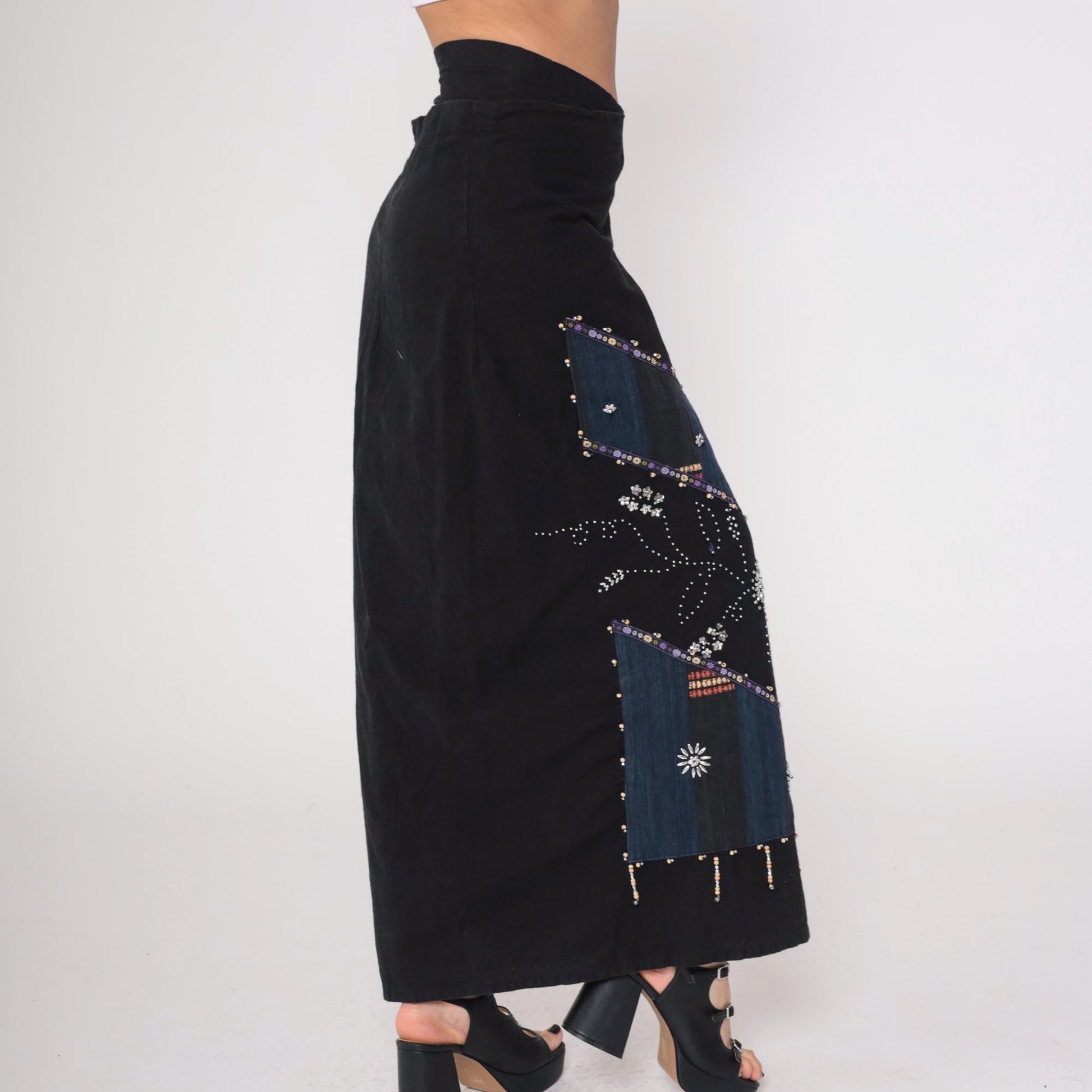Y2K Black Wrap Skirt Beaded Navy Maxi Sequin Geometric Tribal Cotton Large