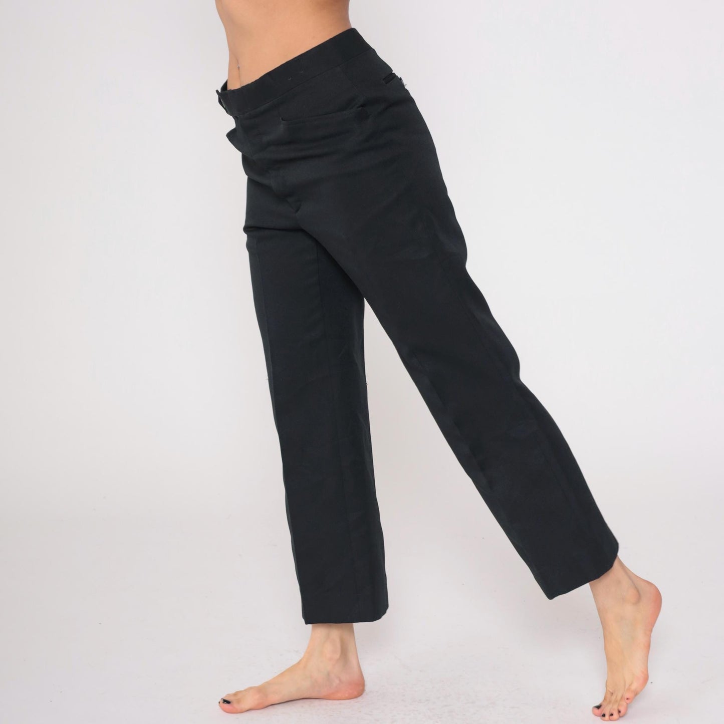 70s Black Expand-O-Matic High Waist Straight Leg Trousers Cropped Medium