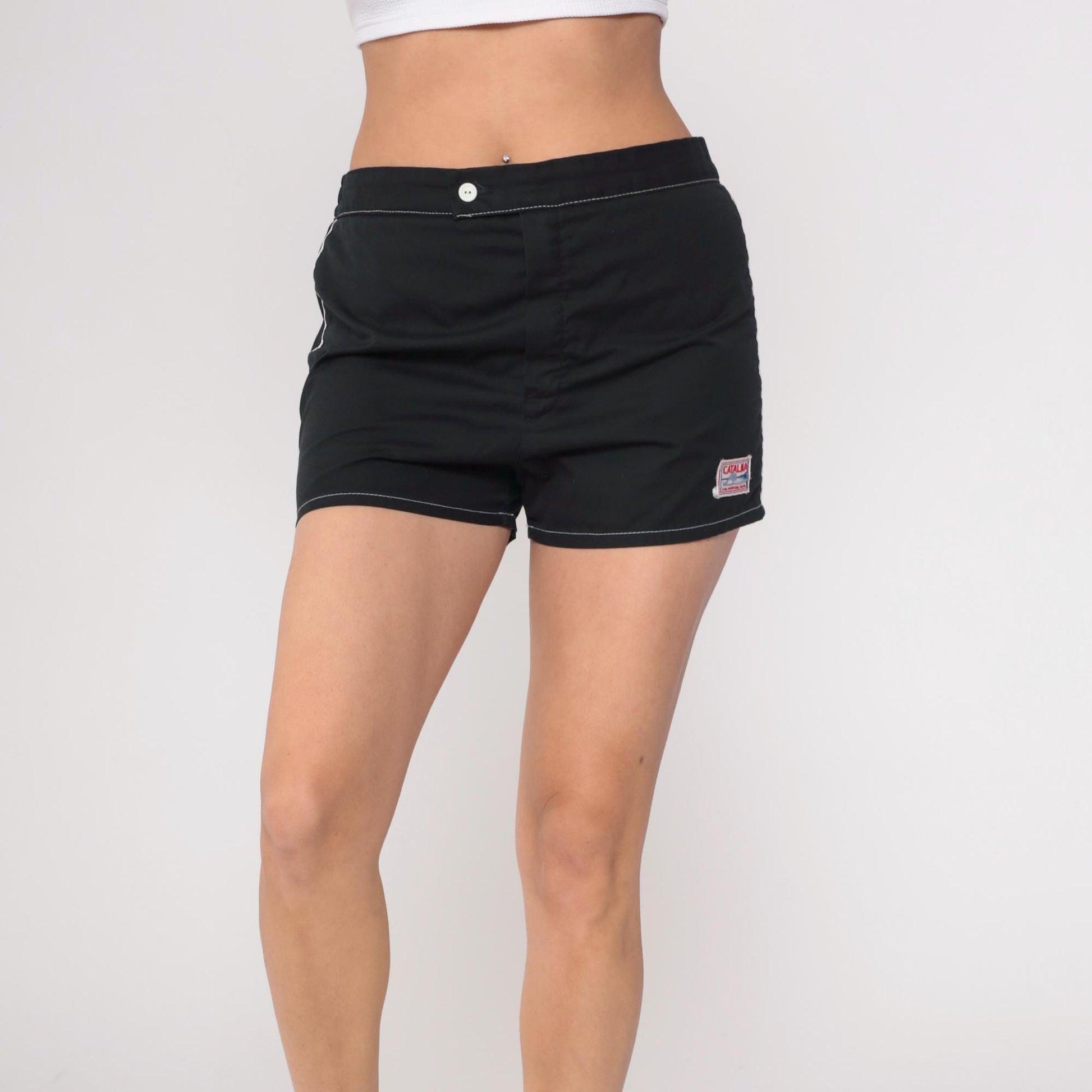 70s Catalina Black Swim Shorts White Contrast Stitching Elastic Waist Large