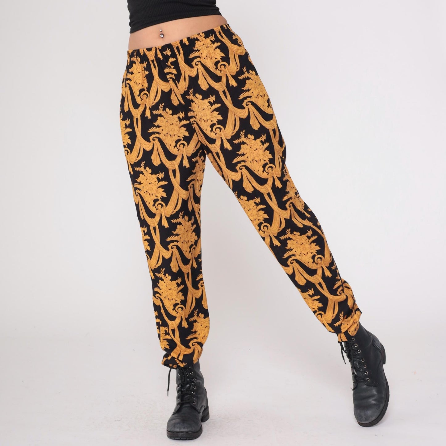 90s Judy Knapp Black Gold Baroque Damask Pants Elastic Waist Medium M