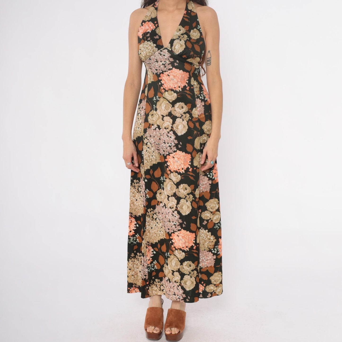 70s Dark Green Floral Halter Maxi Dress Deep V Sleeveless Small