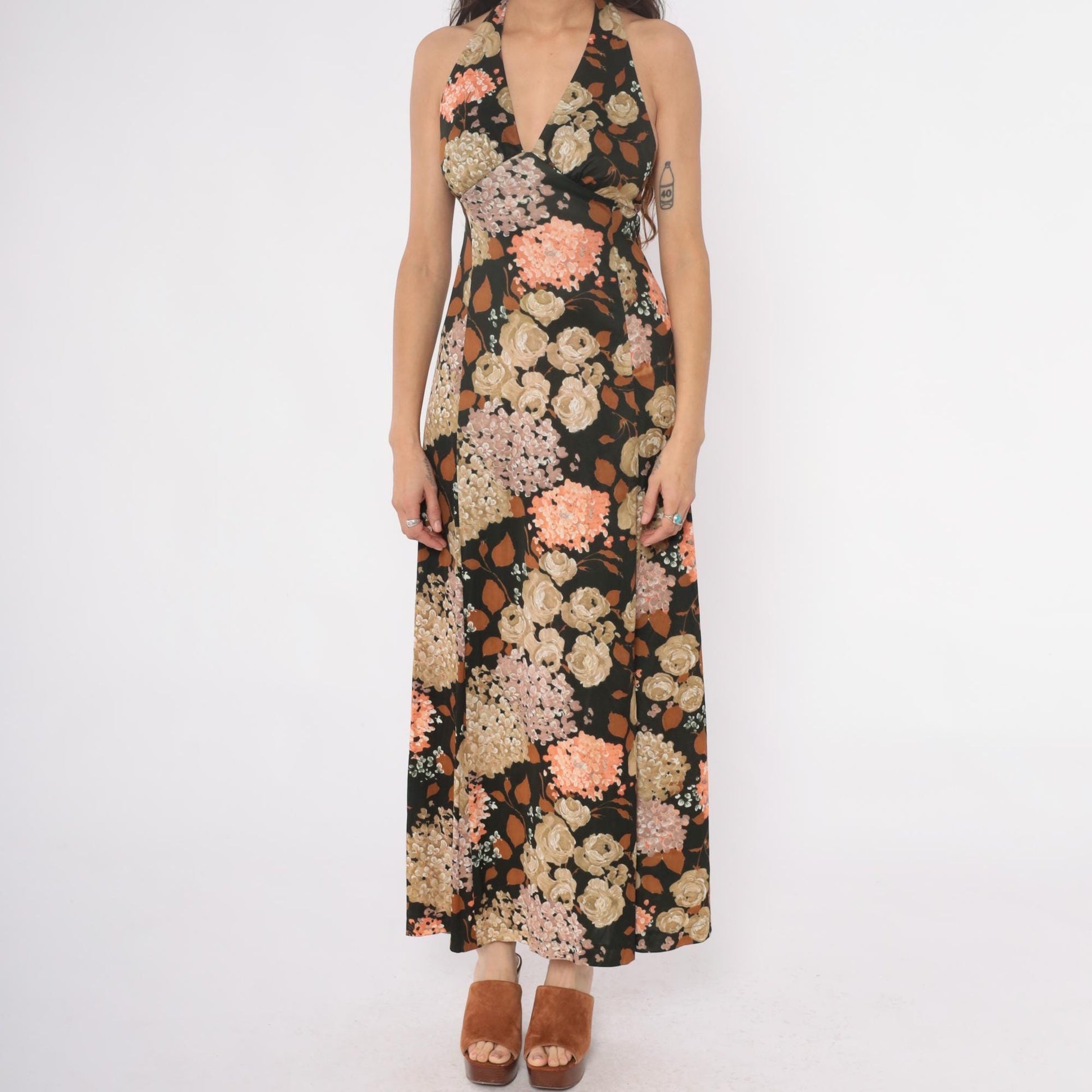 70s Dark Green Floral Halter Maxi Dress Deep V Sleeveless Small